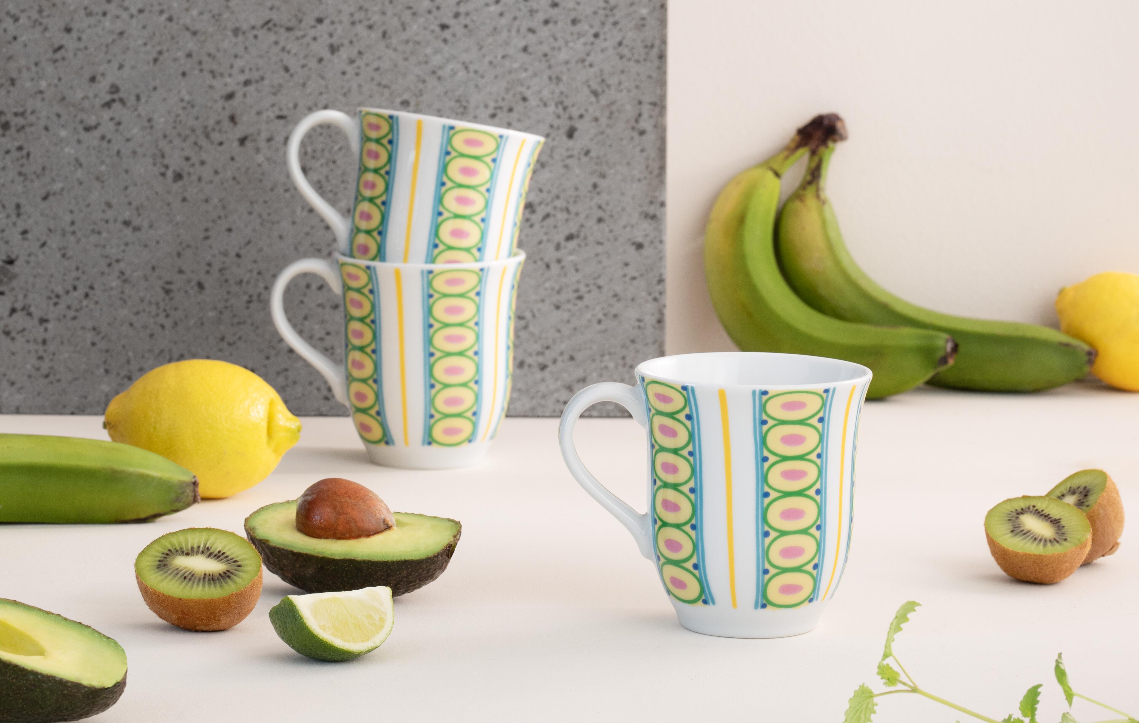 Colorful cups and mugs with handles from Bjørn Wiinblad