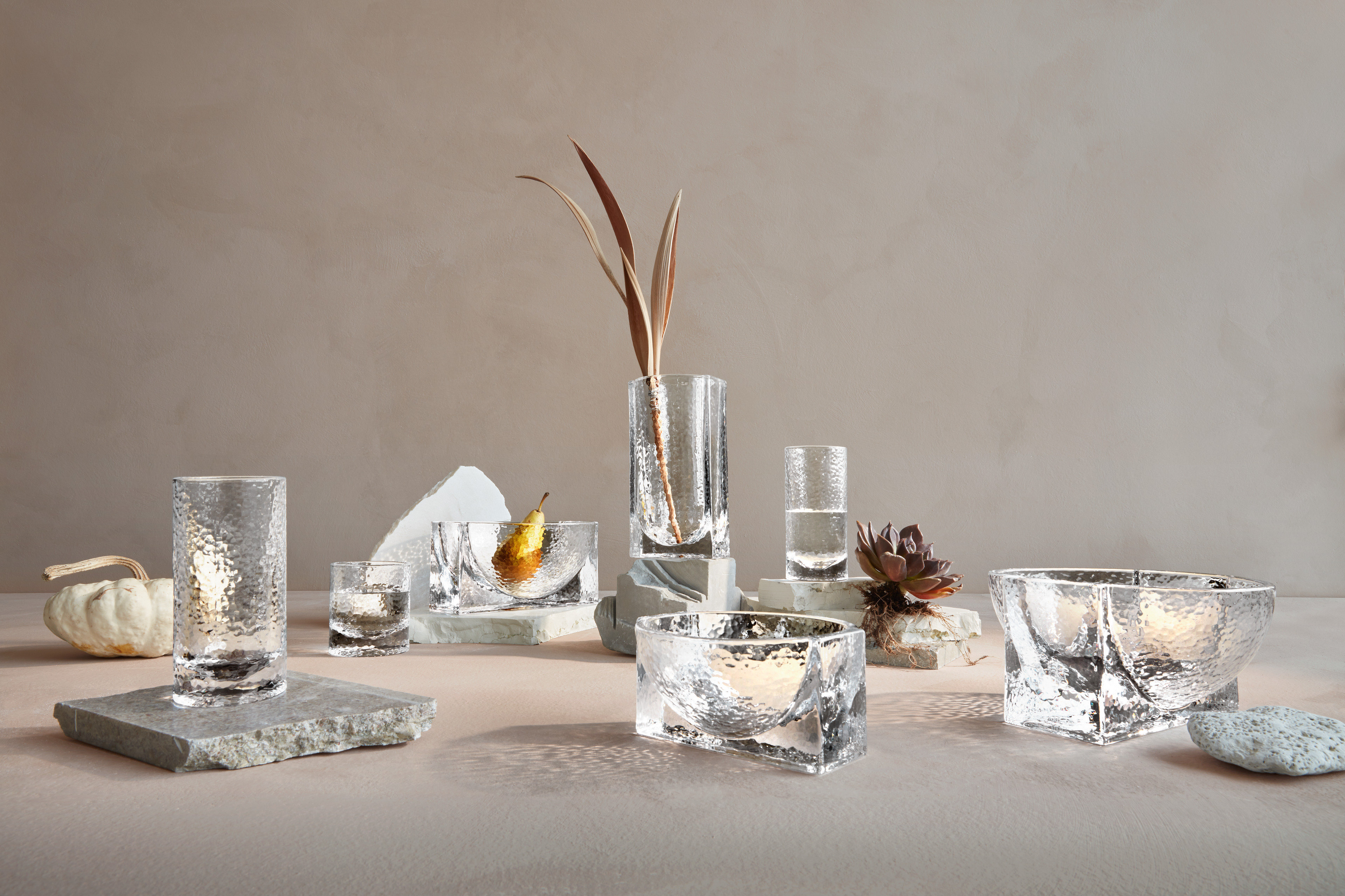 Table with Forma vases and bowls in the series from Holmegaard