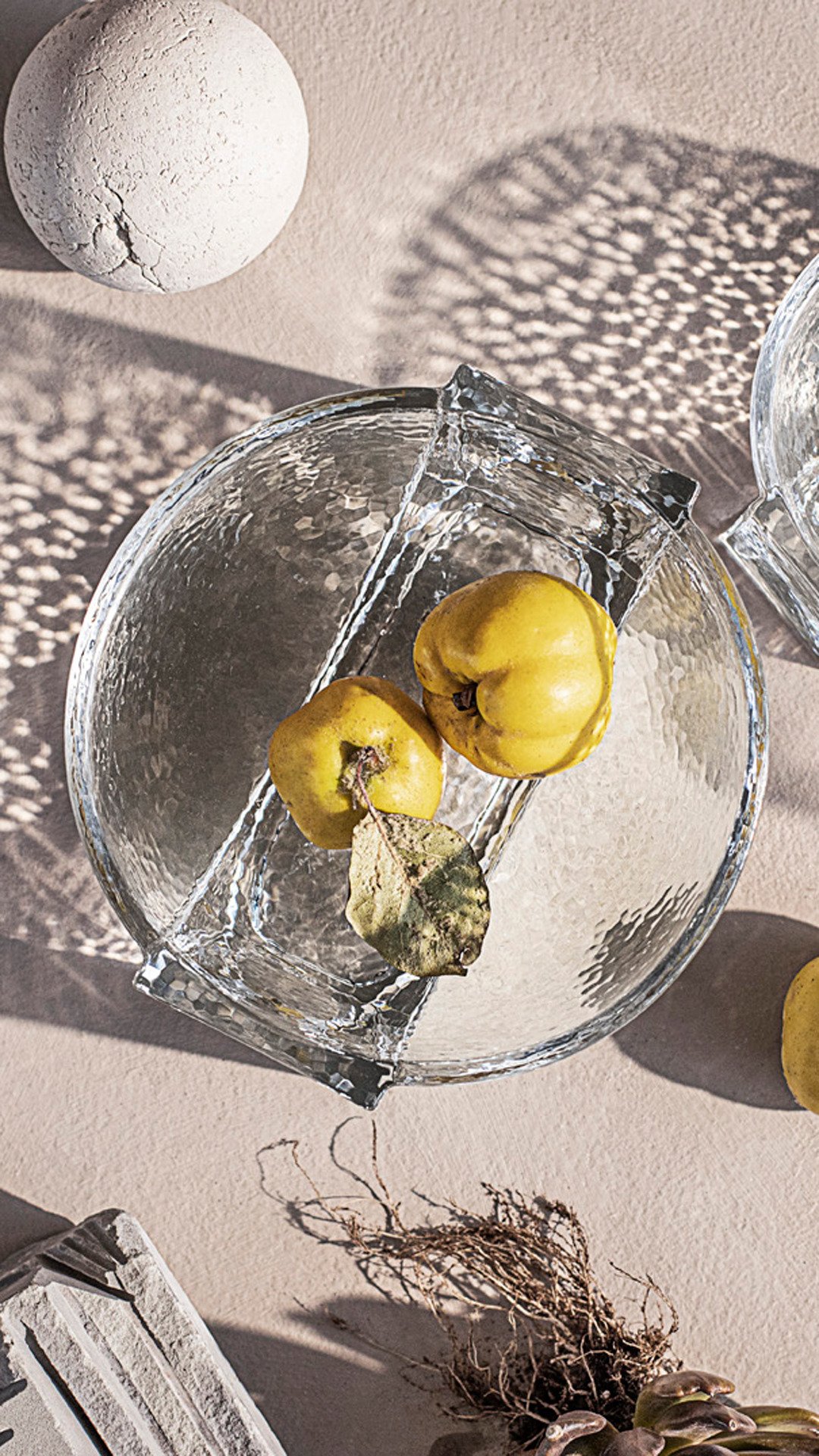 Form glass bowl with two quinces in