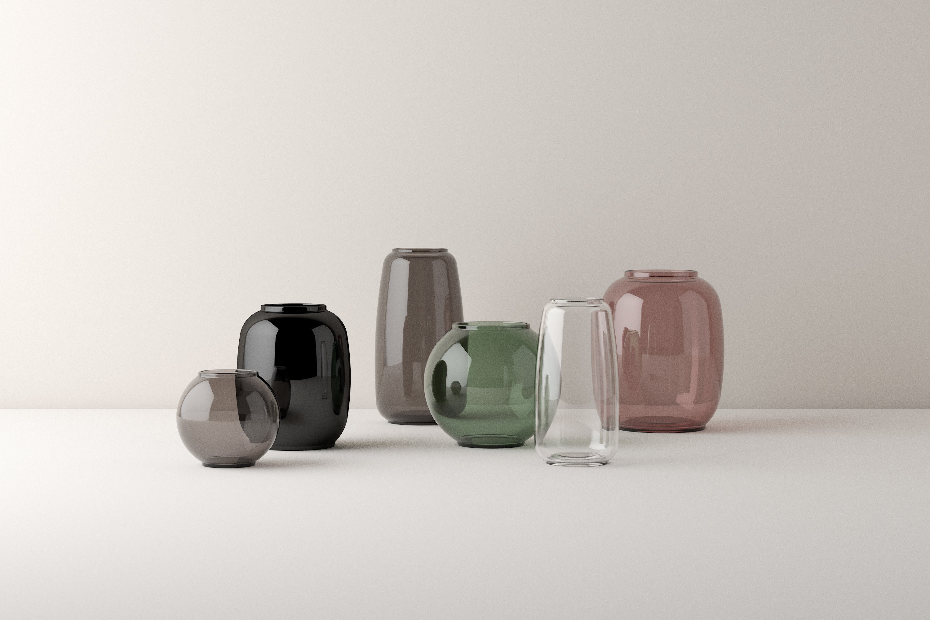 Arrangement of Form vases in different colors from Lyngby Porcelæn