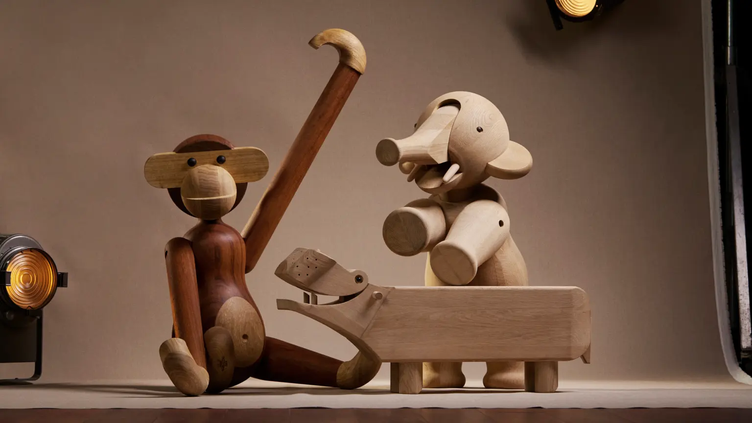 Bachelor gift. Kay Bojesen teak Monkey, Kay Bojesen Elephant and Kay Bojesen Rhinoceros