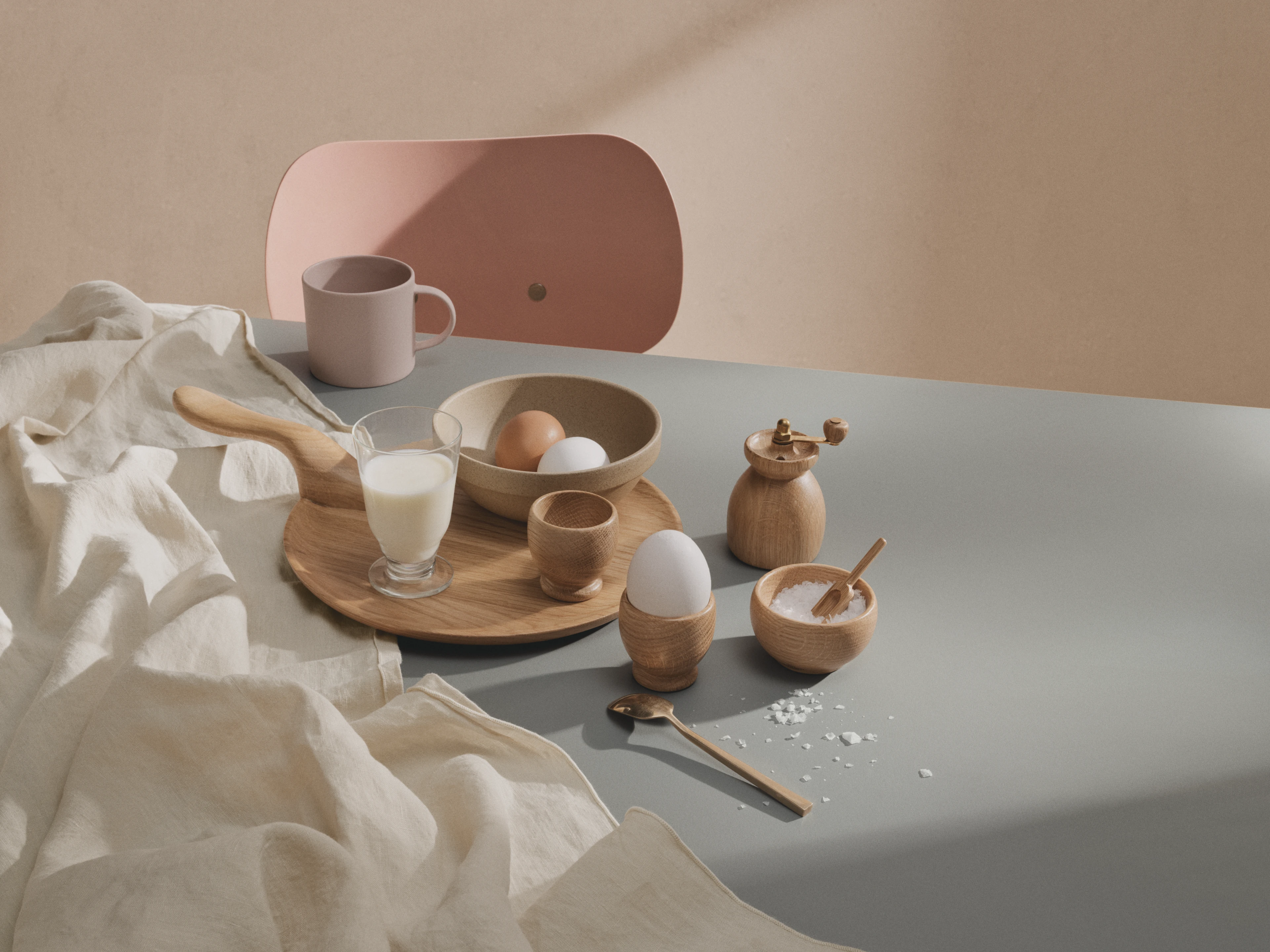 Salt cellar with spoon Ø7 cm from Kay Bojesen in Oak color, made of Wood