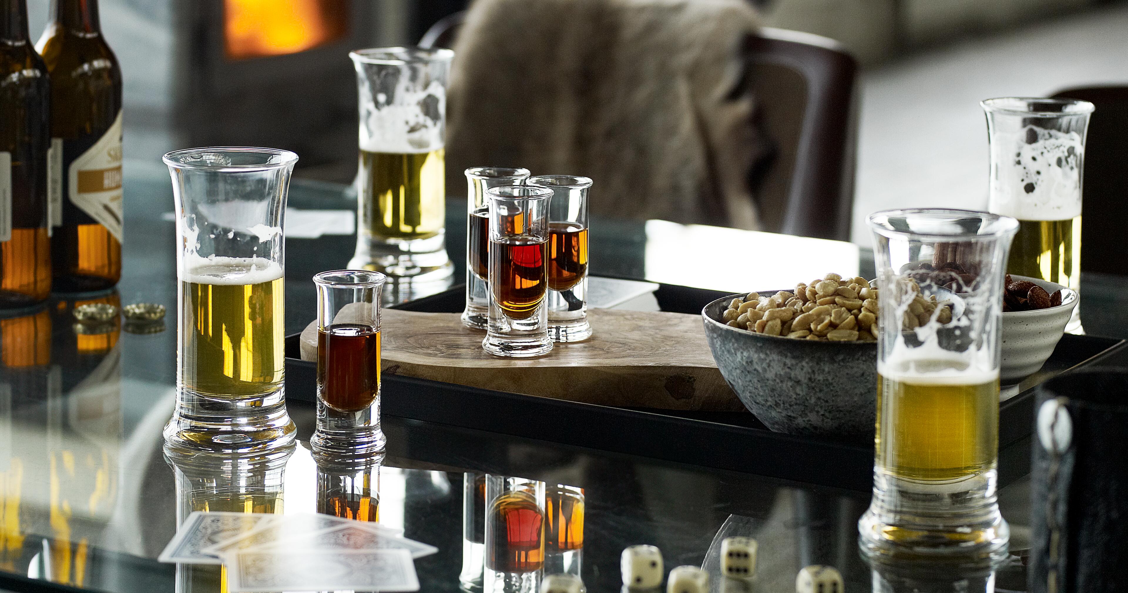 Holmegaard beer glass and shot glass.