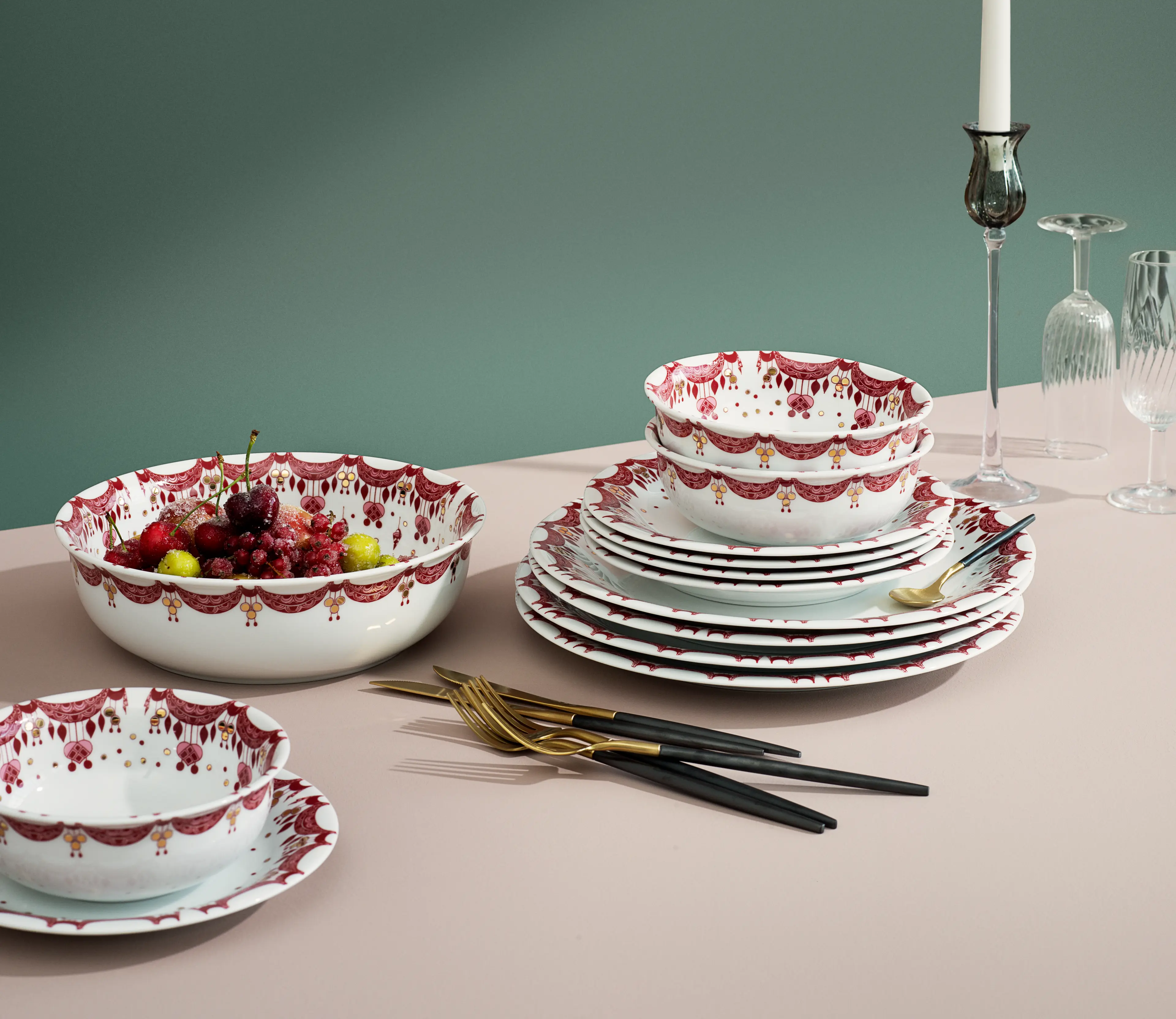 A Christmas table covered with porcelain from Bjørn Wiinblad