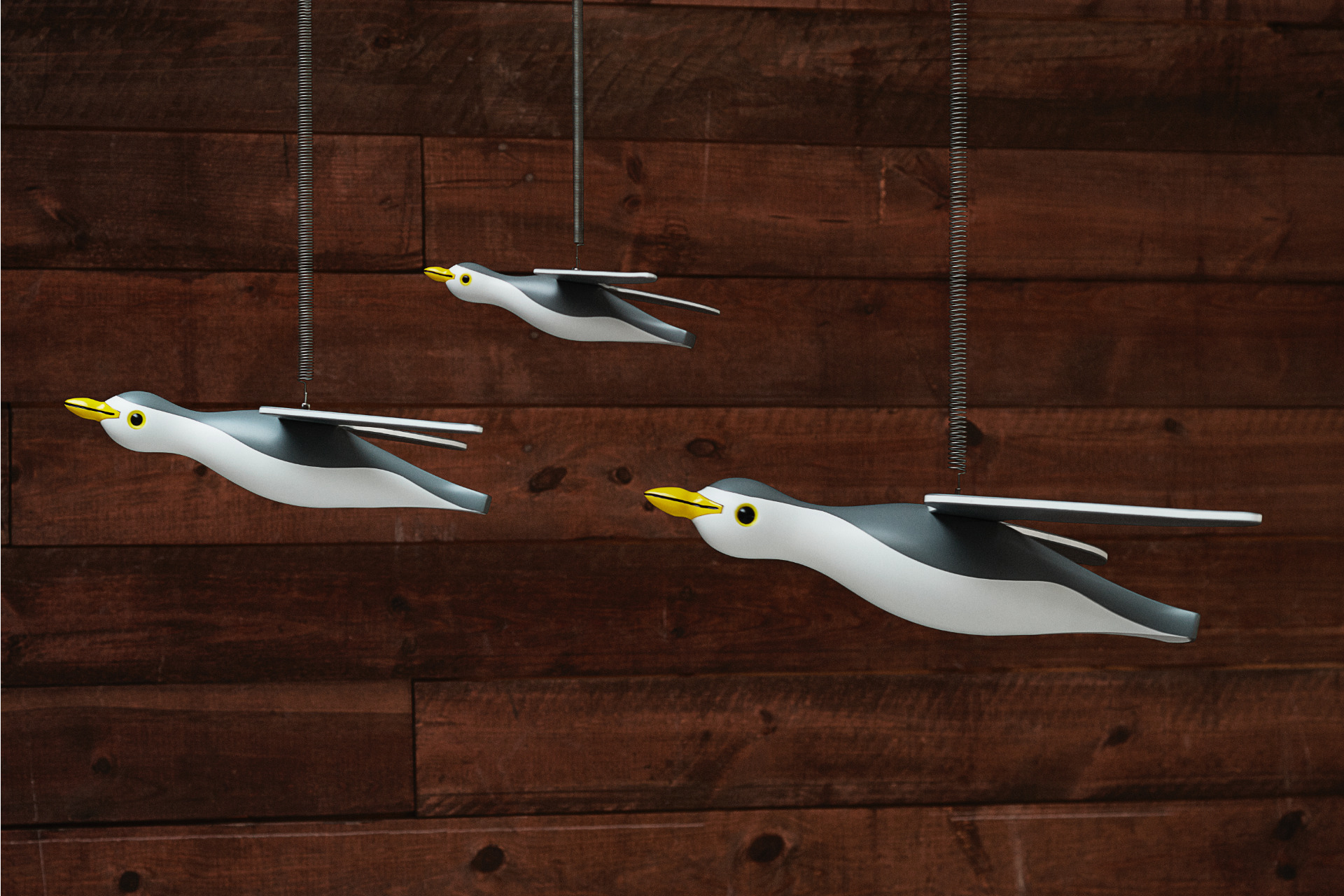 Tre Måger hængende i snore, design af Kay Bojesen