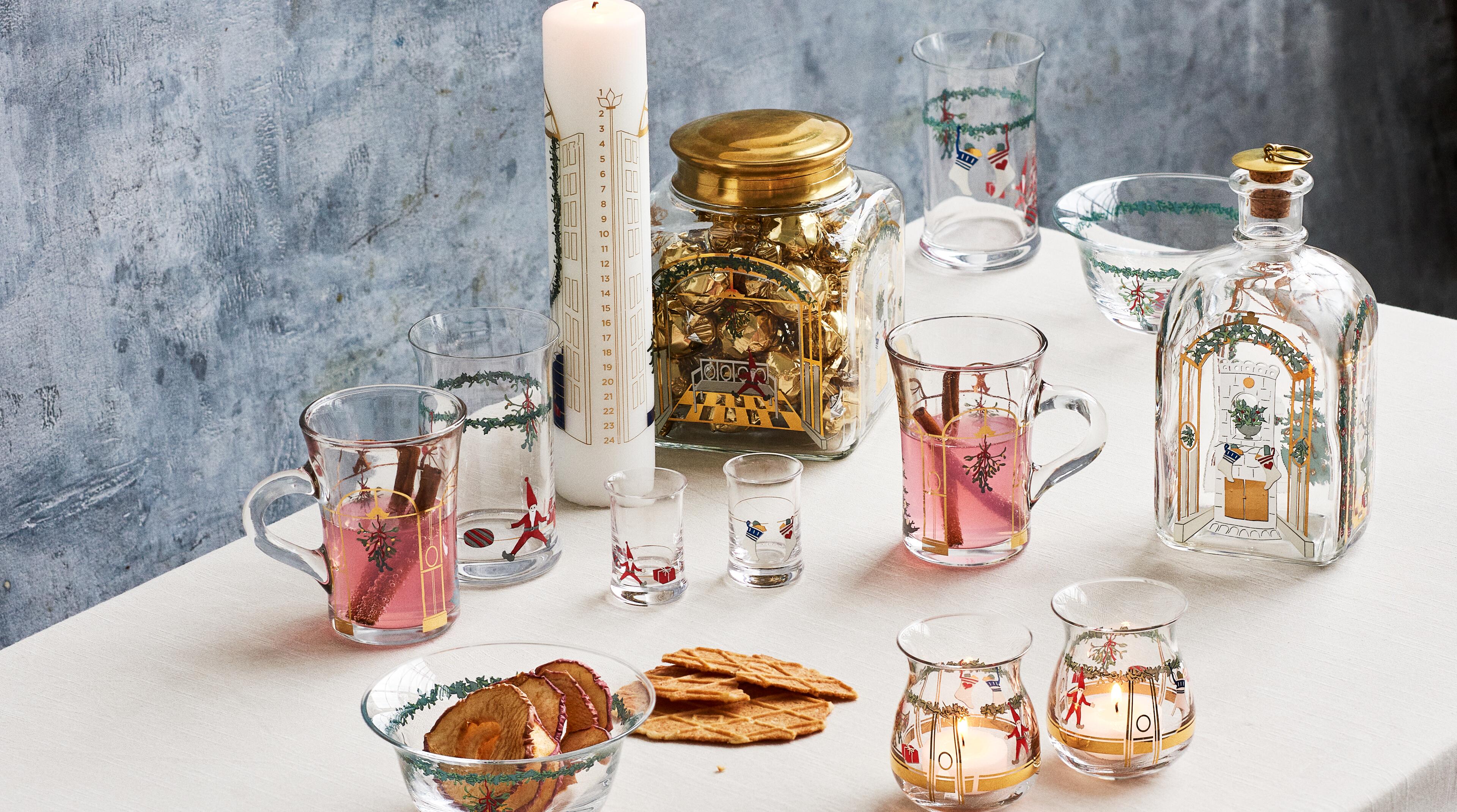 Holmegaard Christmas water glass, bowl and shot glass.