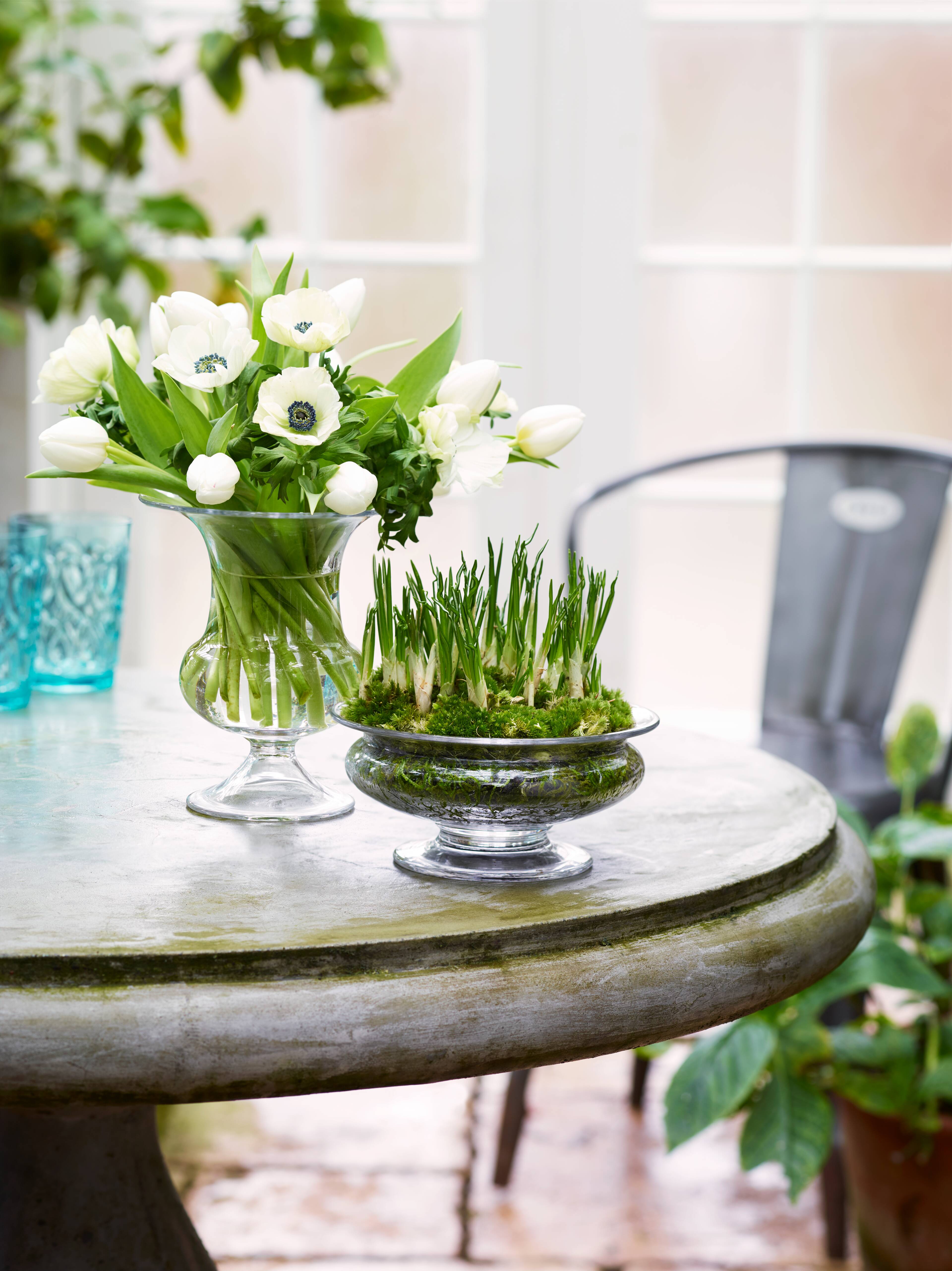 Blumen in Vase und Perlenhyazinthen in Blumenschale