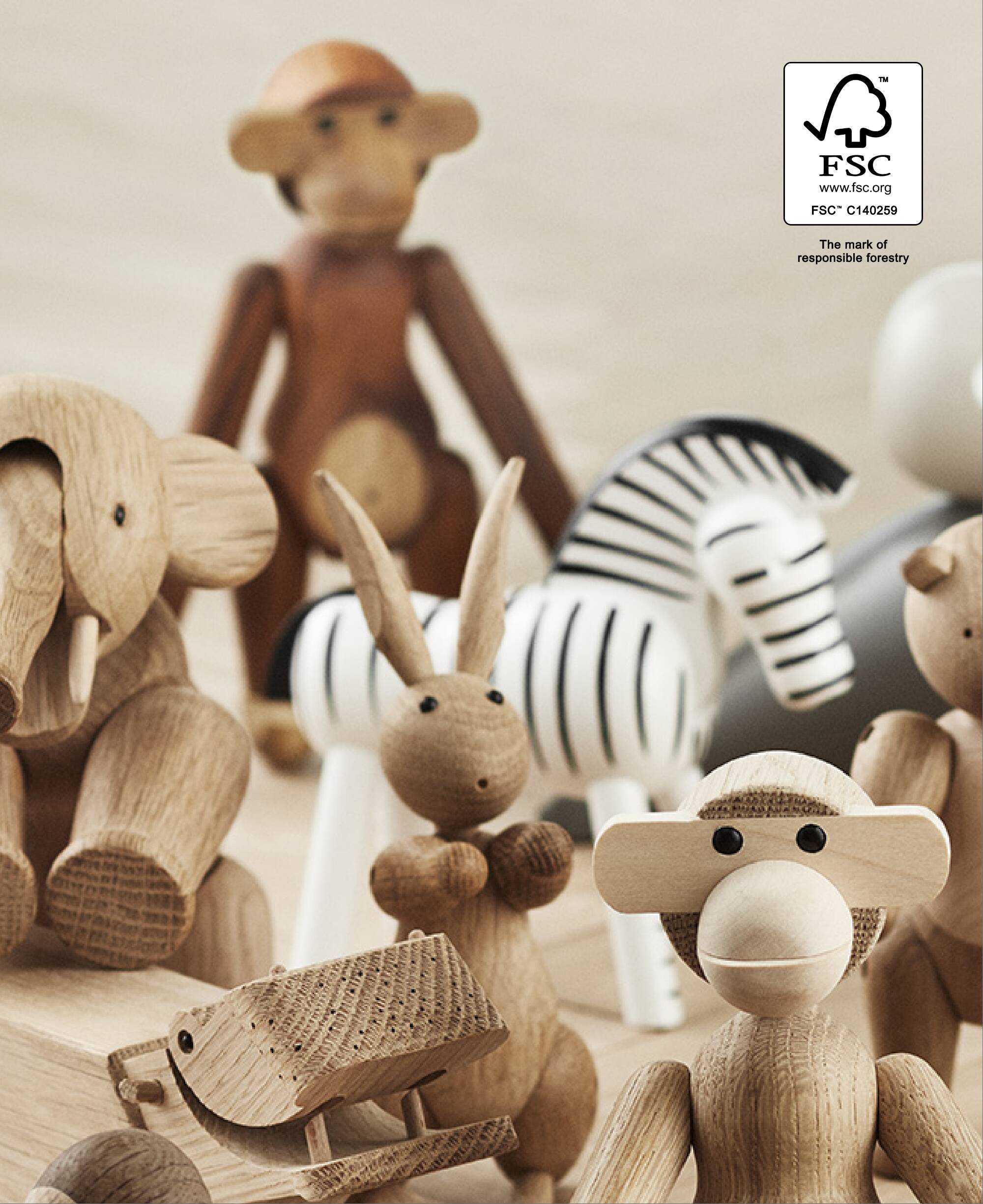 Kay Bojesen’s wooden animals: Hippopotamus, Rabbit, Monkey, Zebra, Bird and others with FSC logo