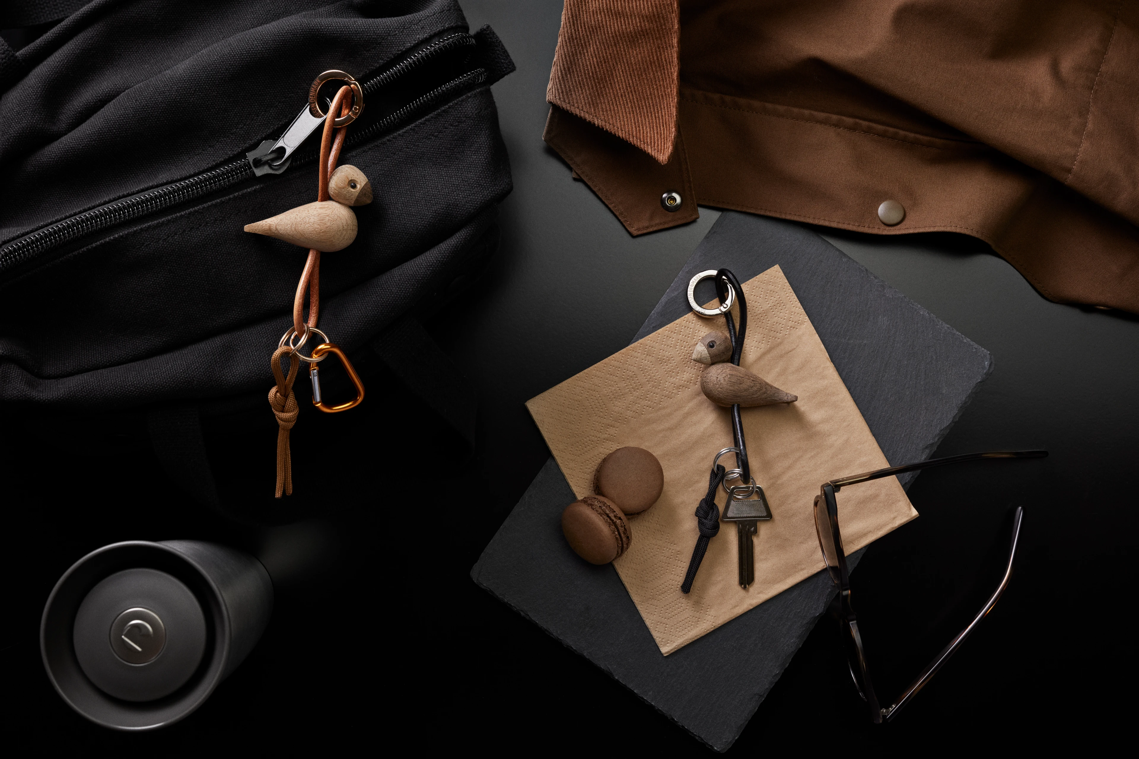 Bird silver metal Keychain with Black Leather from Kay Bojesen in Smoked oak color, made of Wood