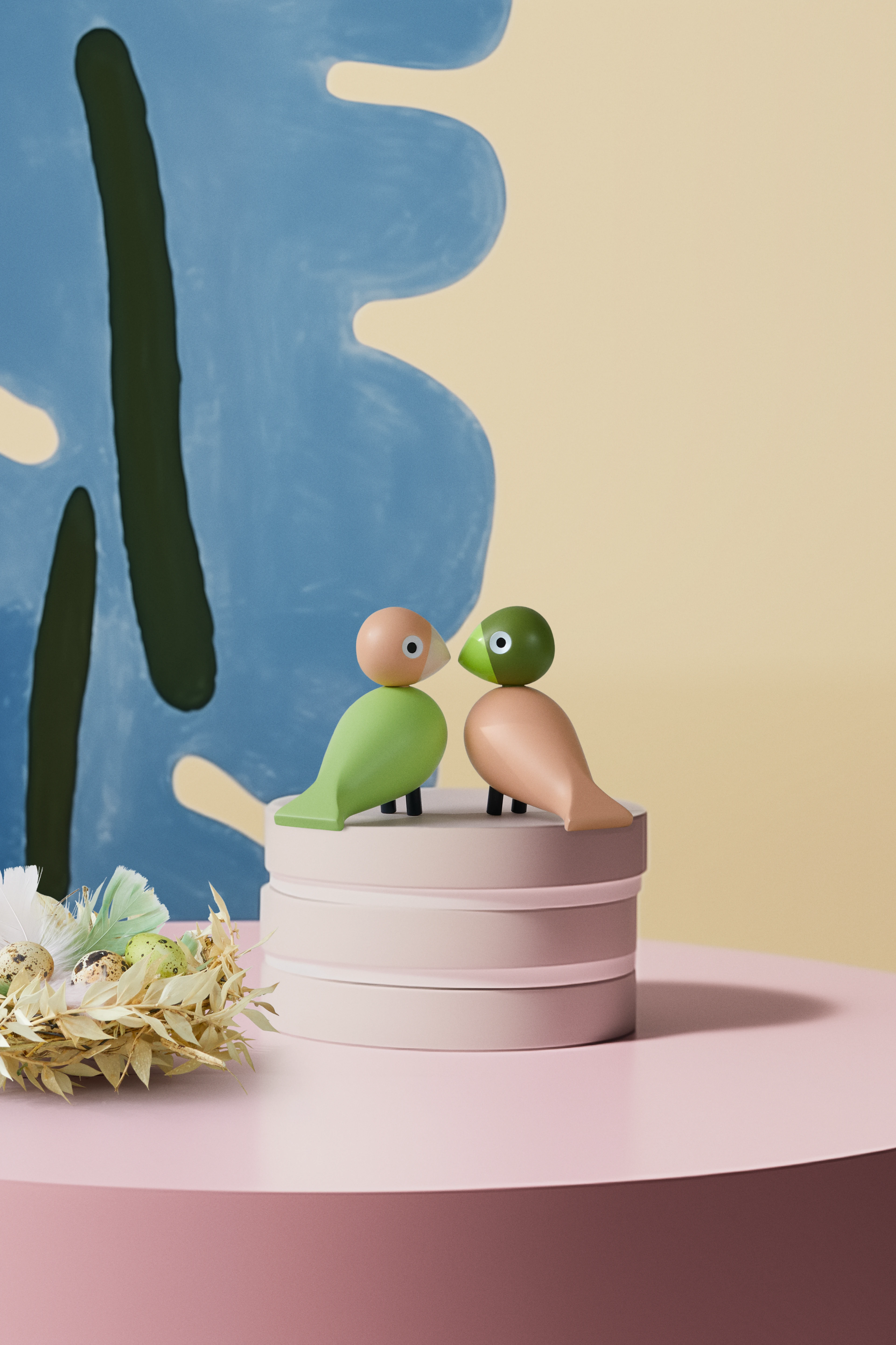 Lovebirds H9 cm 1 pair from Kay Bojesen in Light Green/Rose color, made of Wood