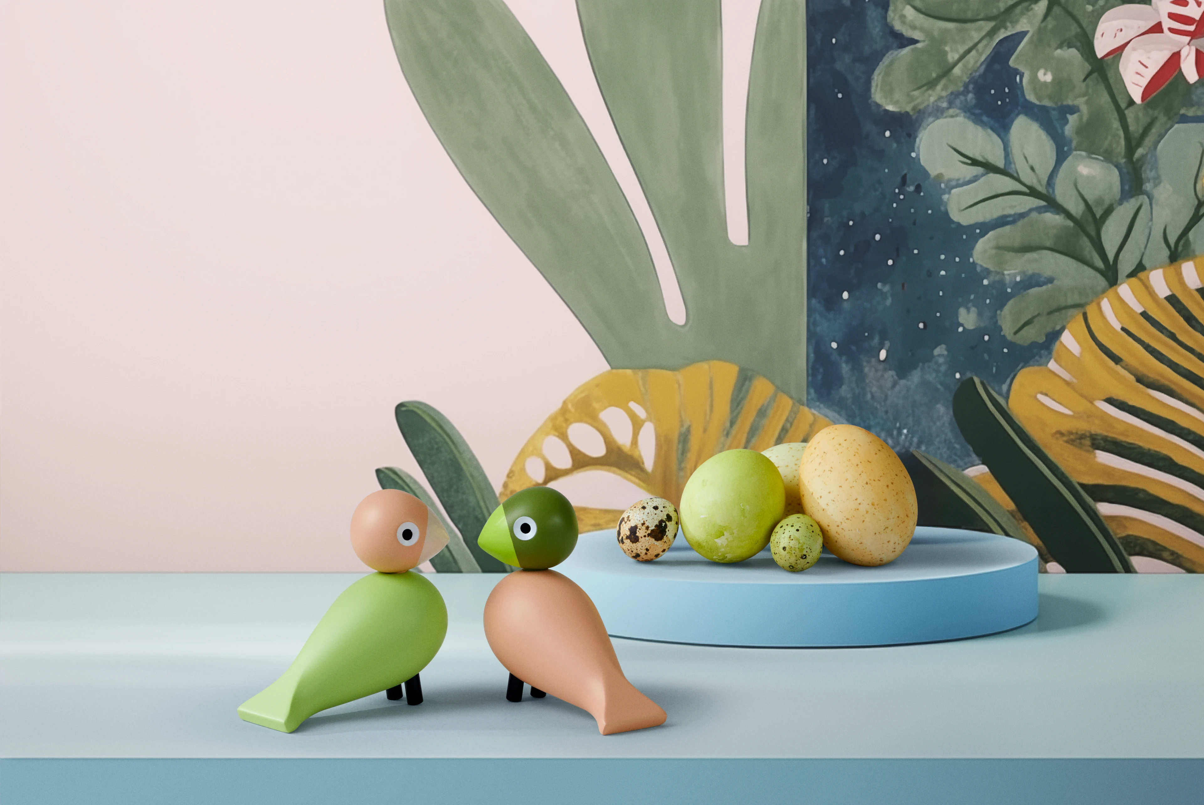 Lovebirds H9 cm 1 pair from Kay Bojesen in Light Green/Rose color, made of Wood