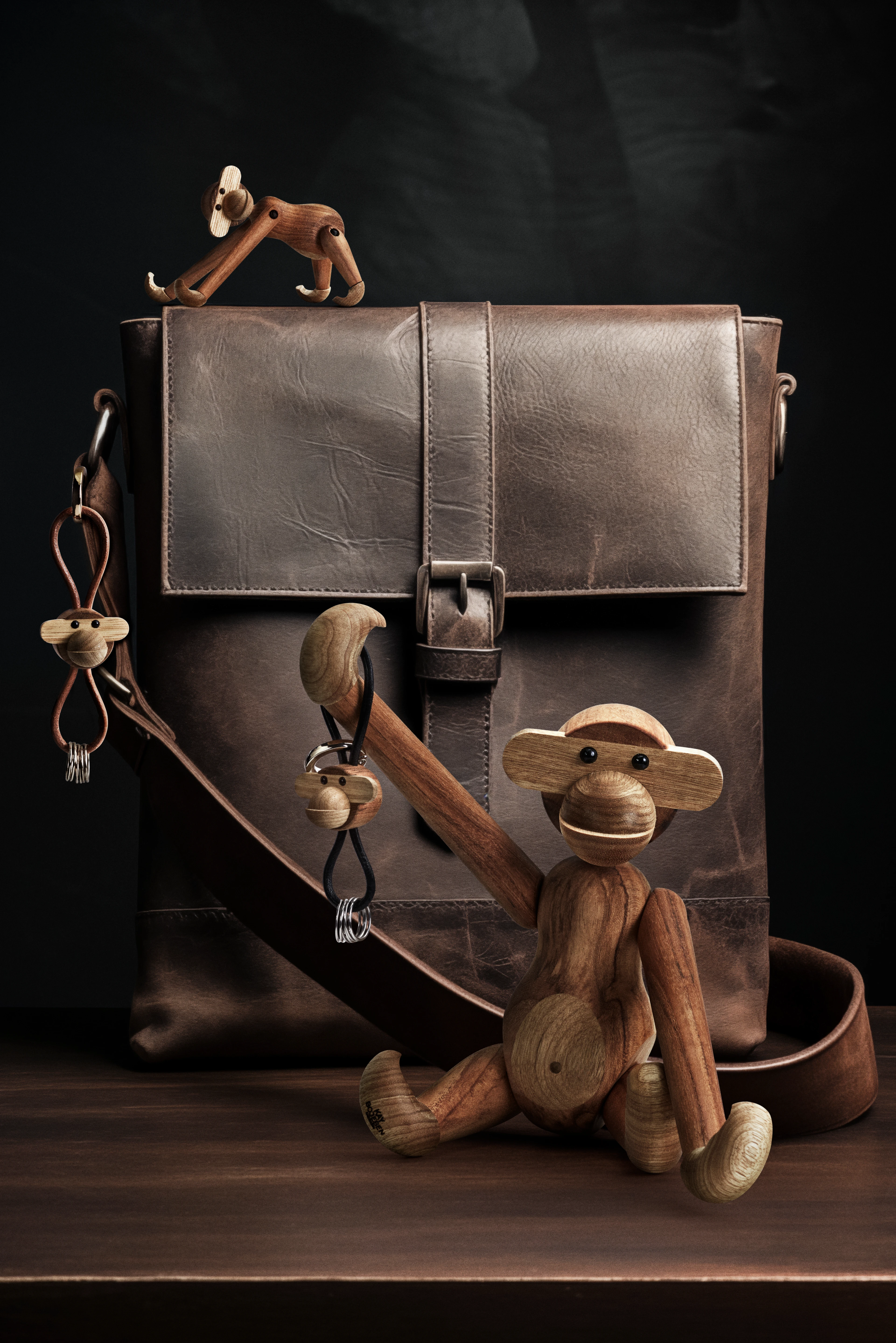 Monkey silver metal Keychain with Black Leather from Kay Bojesen in Teak/Limba color, made of Wood