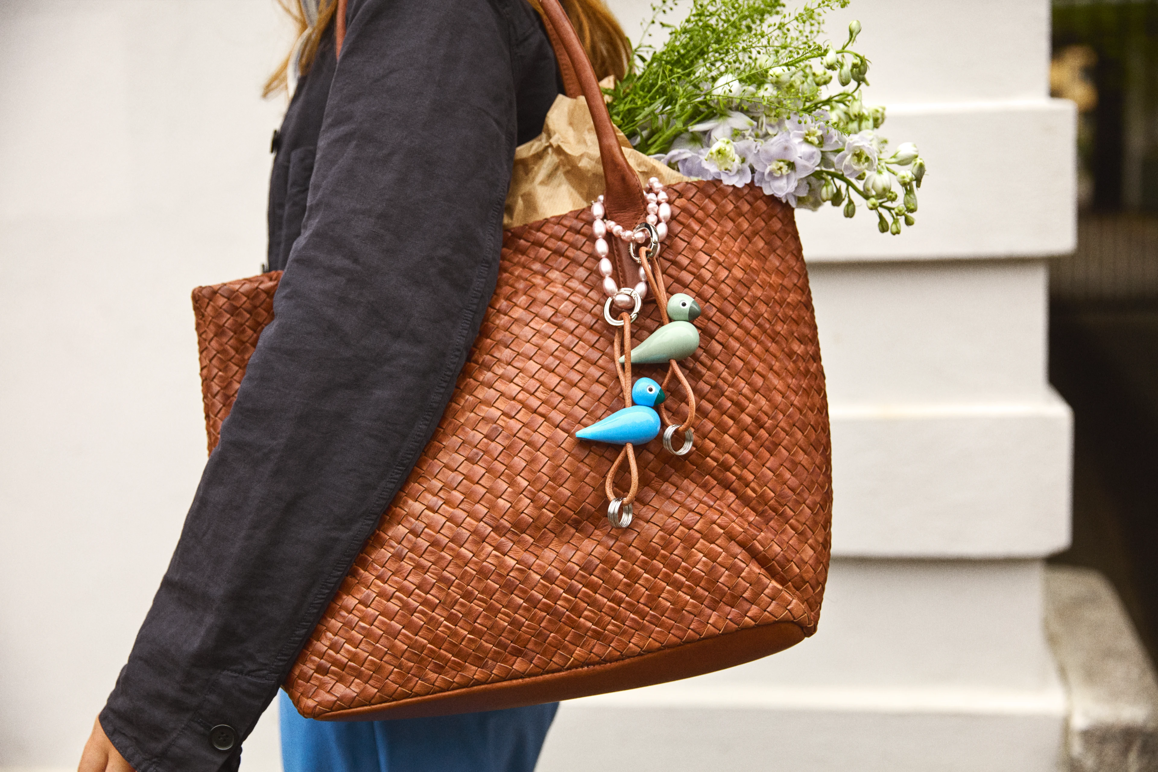 Bird silver metal Keychain with Natural Leather from Kay Bojesen in Blue color, made of Wood