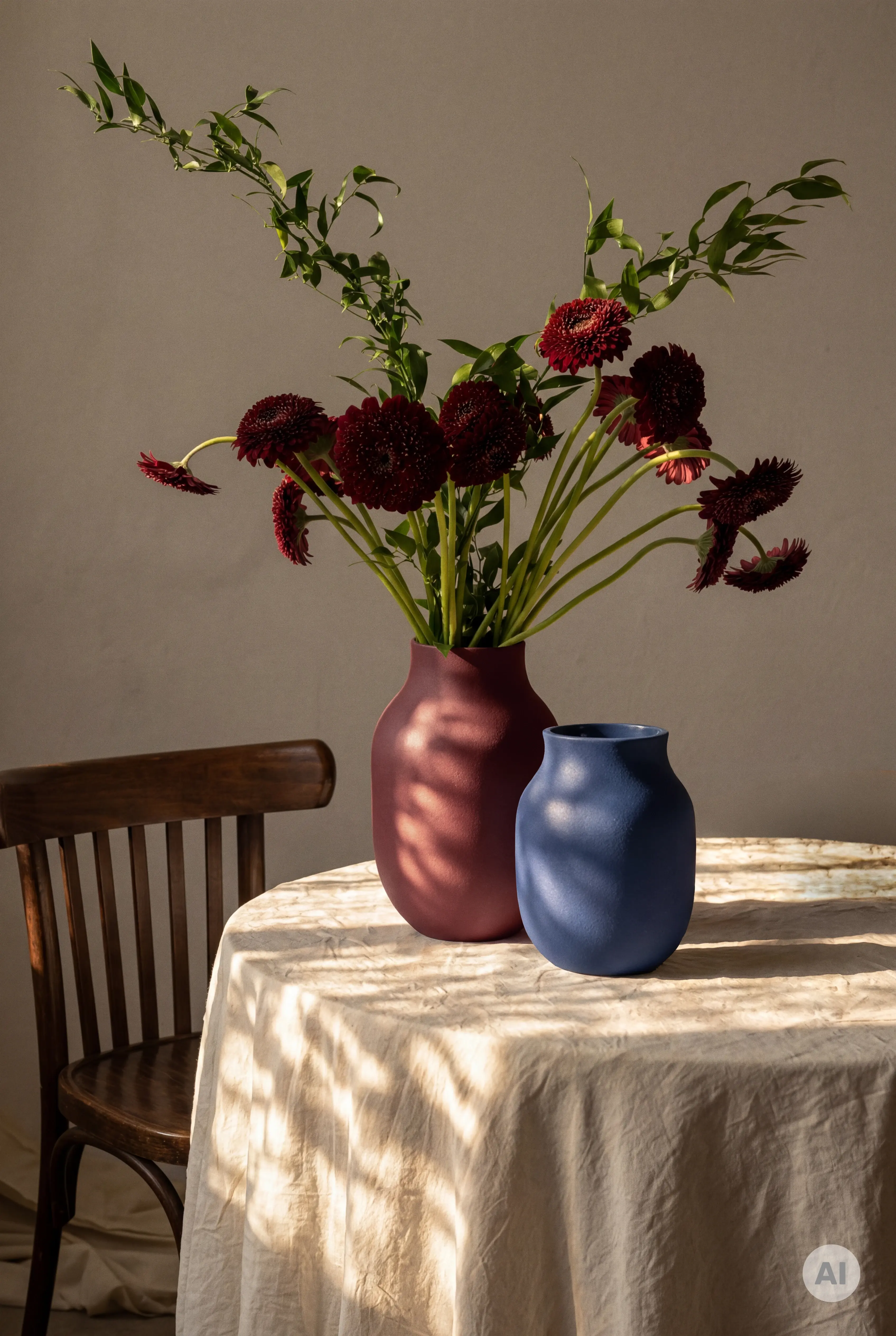 Kähler Studio Omaggio #1 vase i bordeaux keramik med blomster på dækket bord