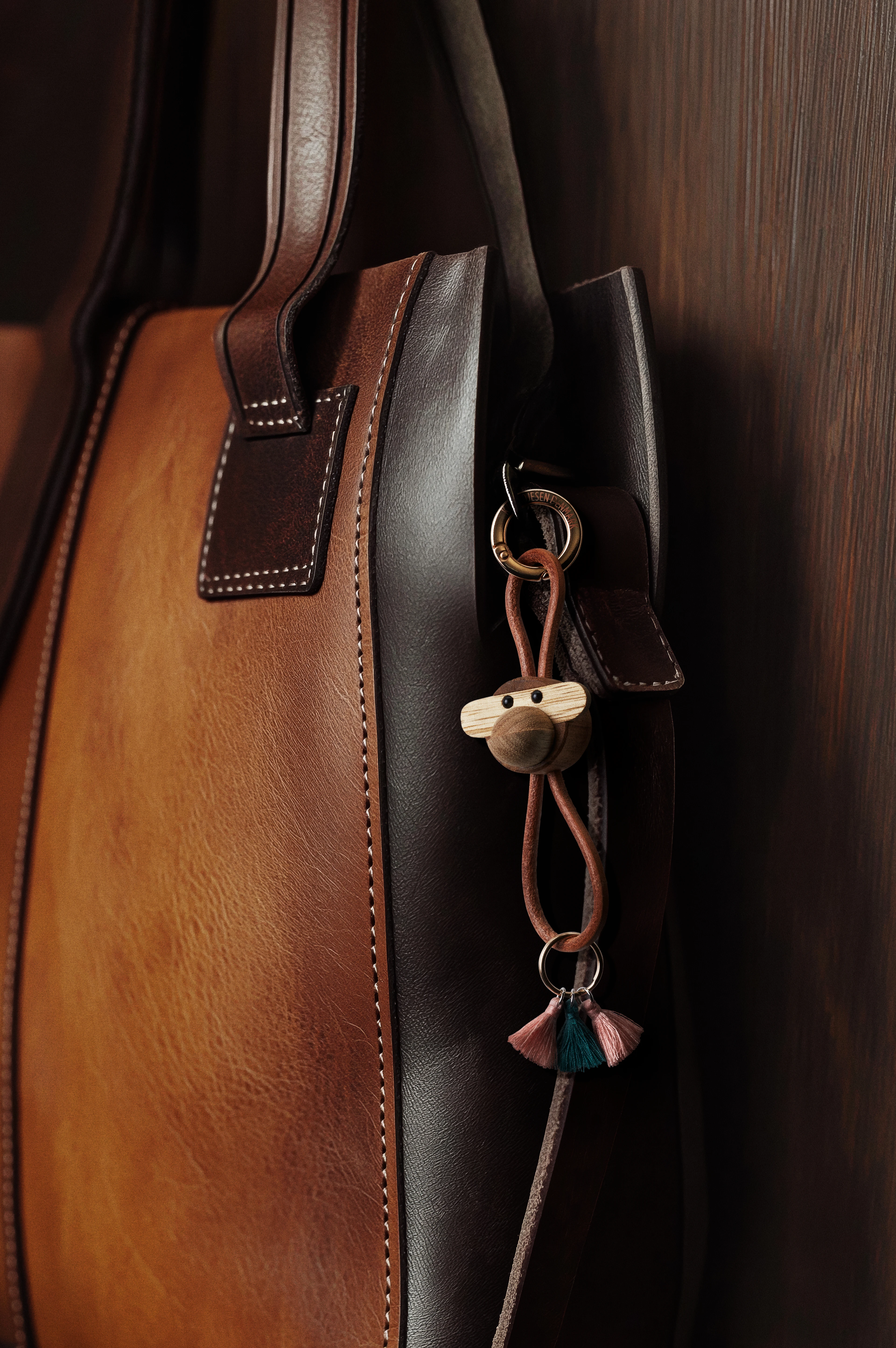 Monkey golden metal Keychain with Natural Leather from Kay Bojesen in Teak/Limba color, made of Wood