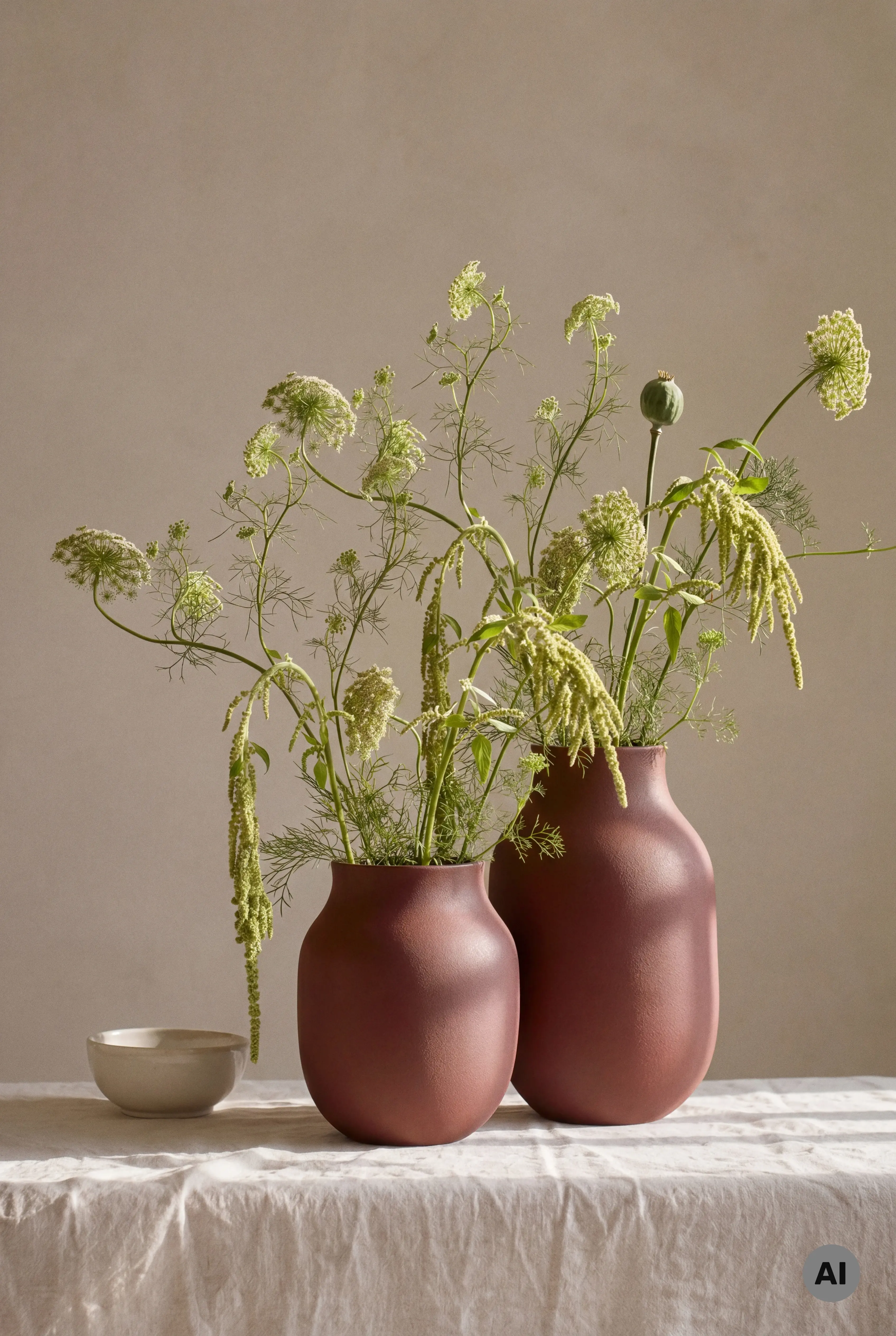 Kähler Studio Omaggio vase i mørkerød keramikk med markblomster på bord med hvit duk