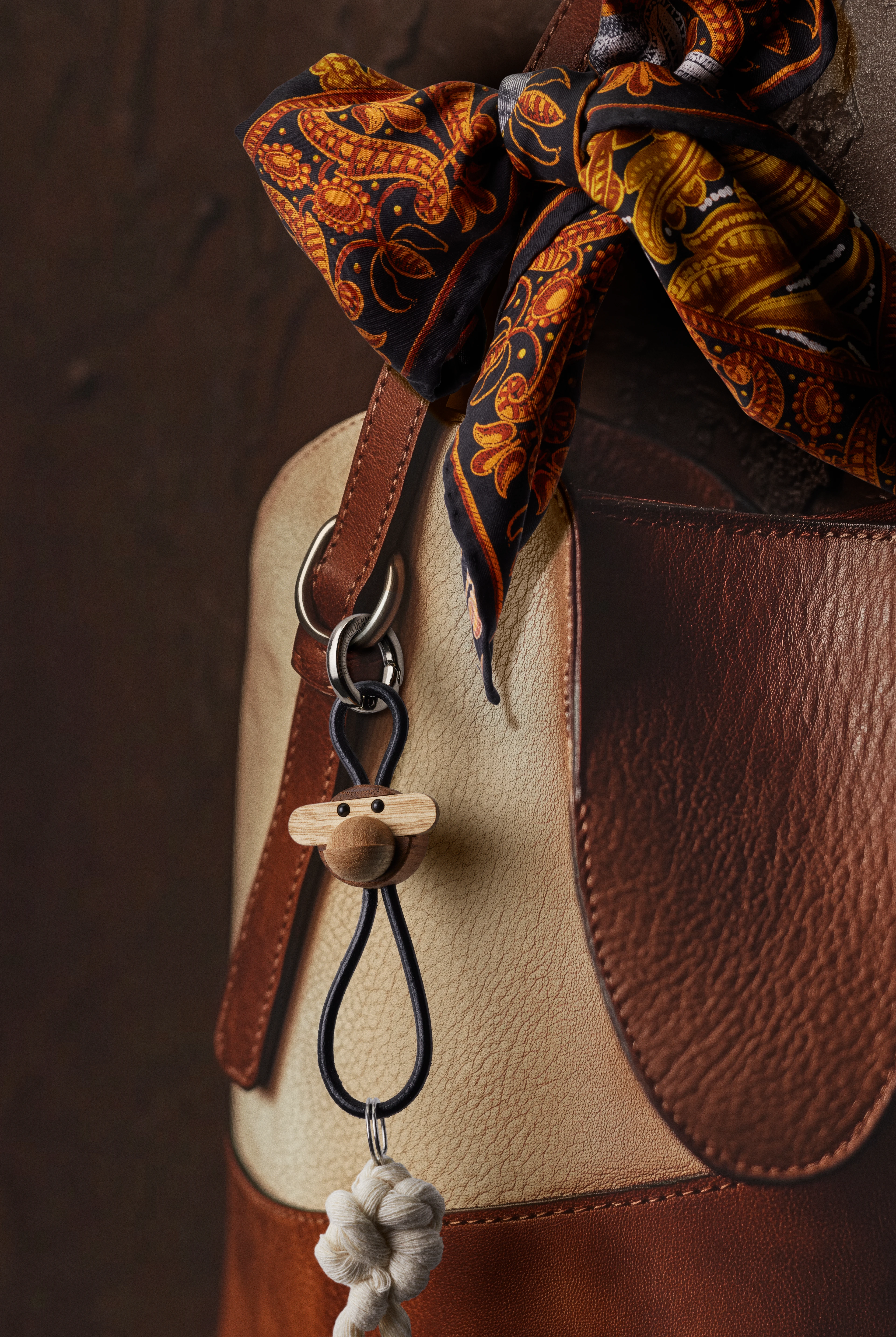 Monkey silver metal Keychain with Black Leather from Kay Bojesen in Teak/Limba color, made of Wood