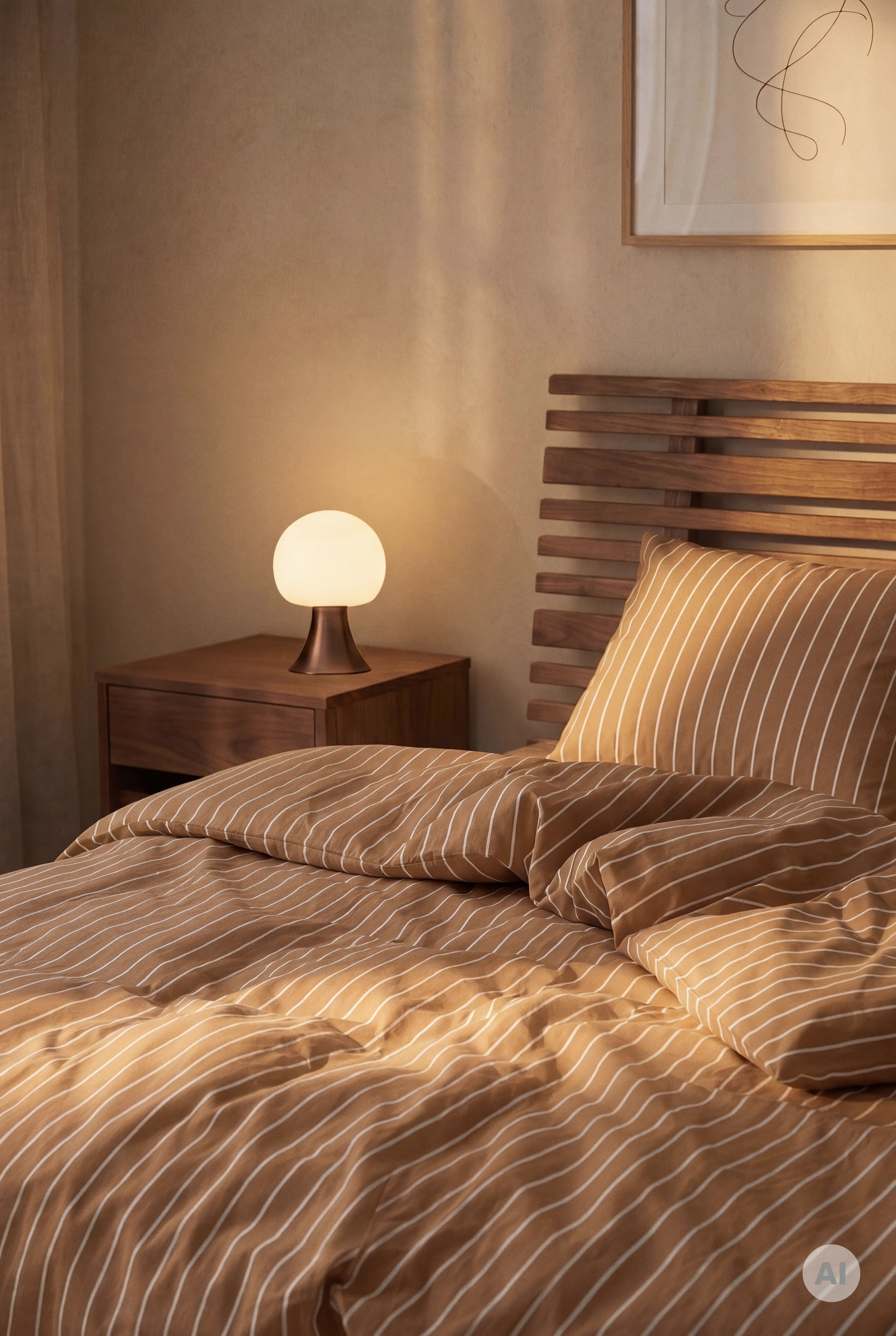 JUNA Soft badehåndkle med beige striper over skulderen, vist bakfra i et lyst baderom