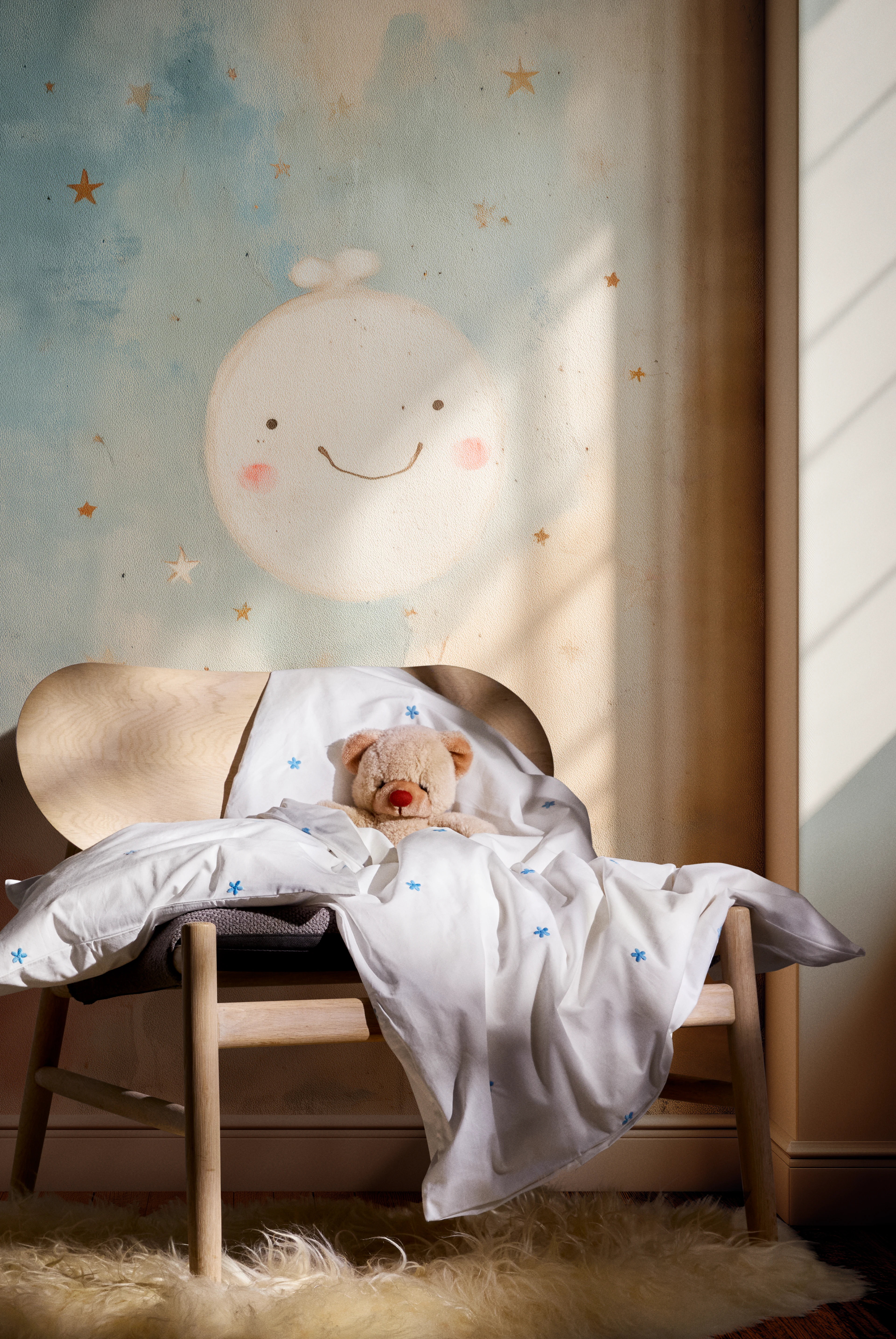 Baby Sengetøy 70x100 cm fra JUNA i fargen Hvit/Lys blå, laget av Bomull