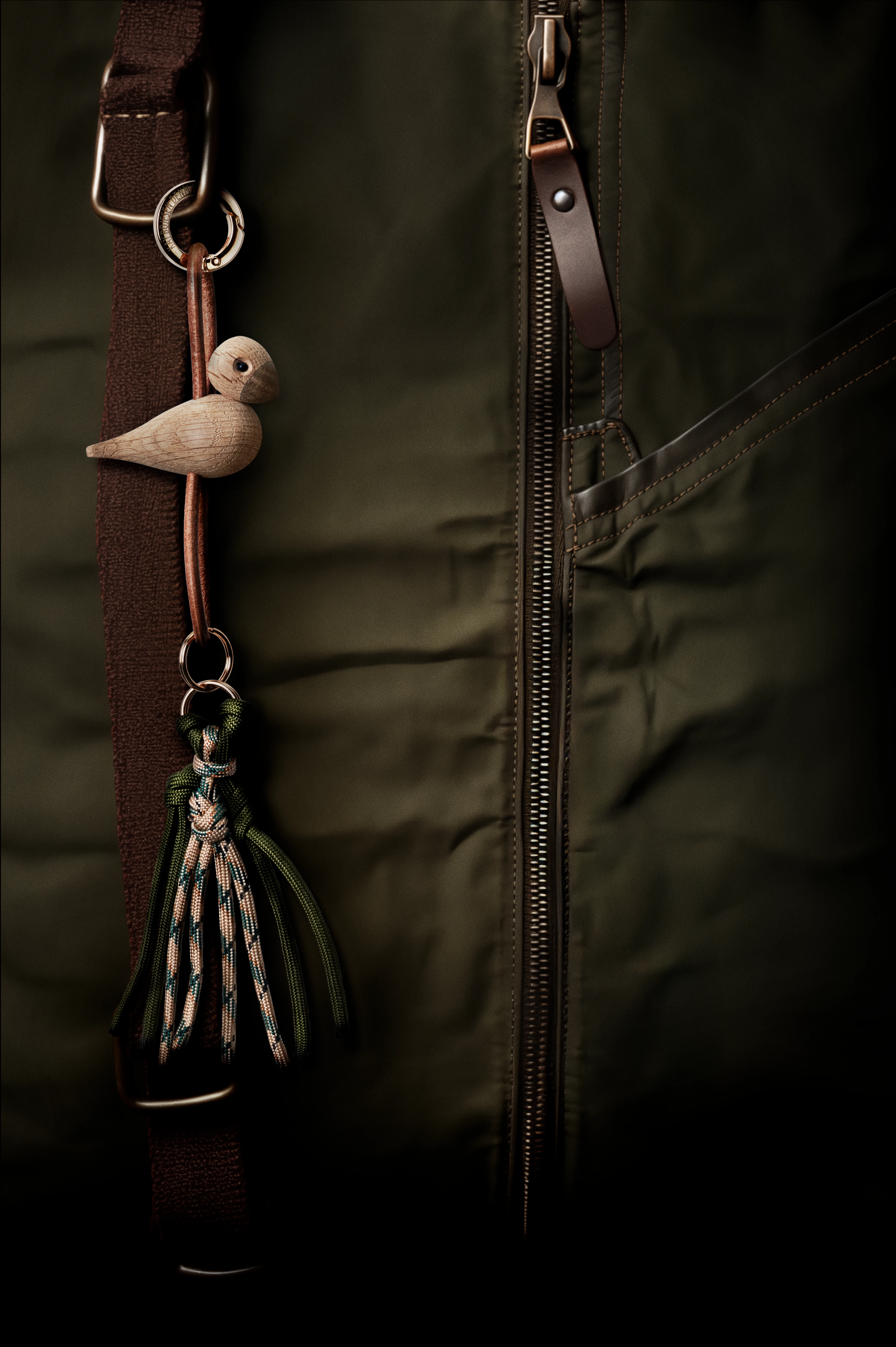 Bird golden metal Keychain with Natural Leather from Kay Bojesen in Oak color, made of Wood