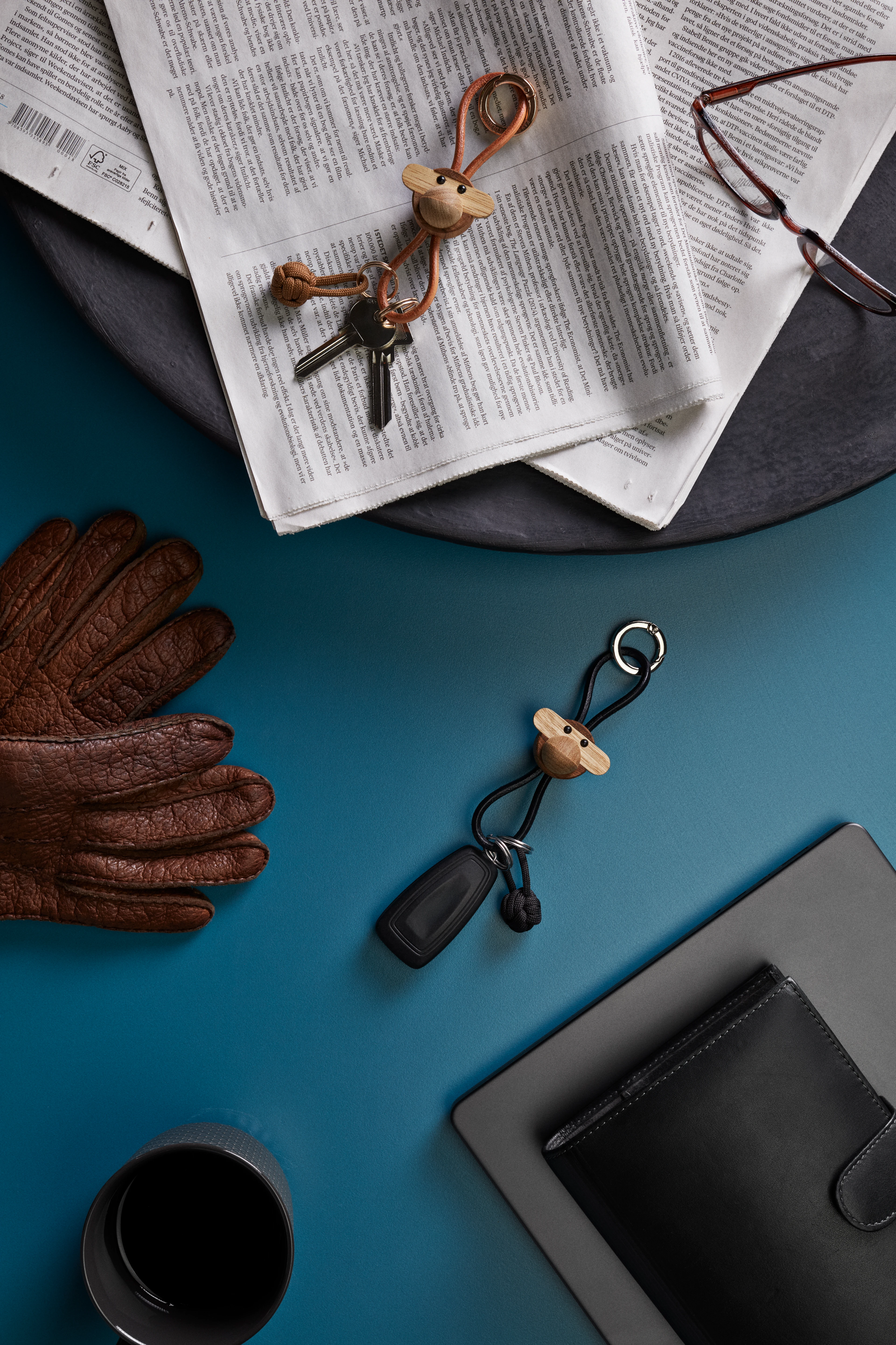 Monkey golden metal Keychain with Natural Leather from Kay Bojesen in Teak/Limba color, made of Wood