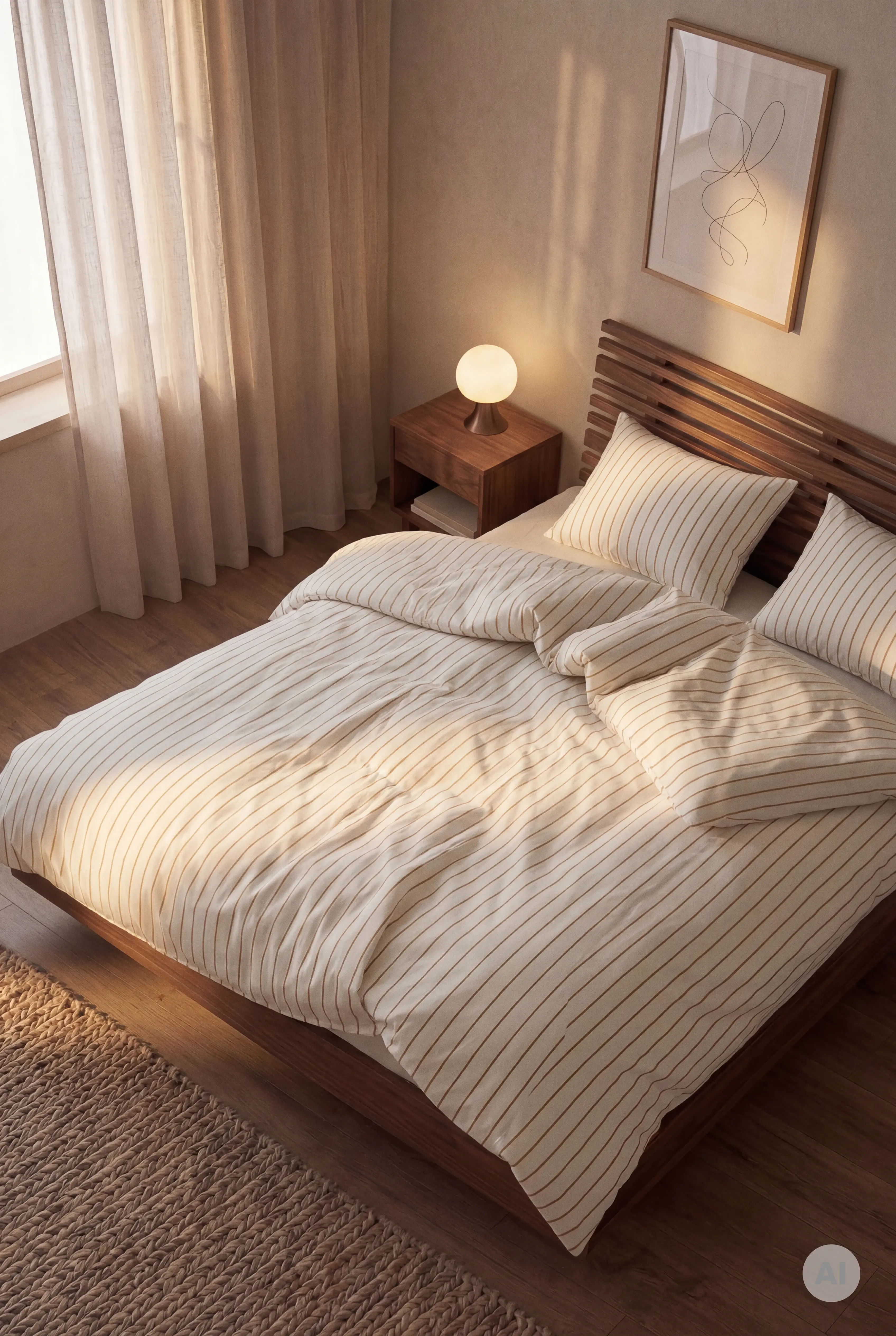 JUNA Soft striped bedding in light natural tones on a double bed in a warm, cozy bedroom