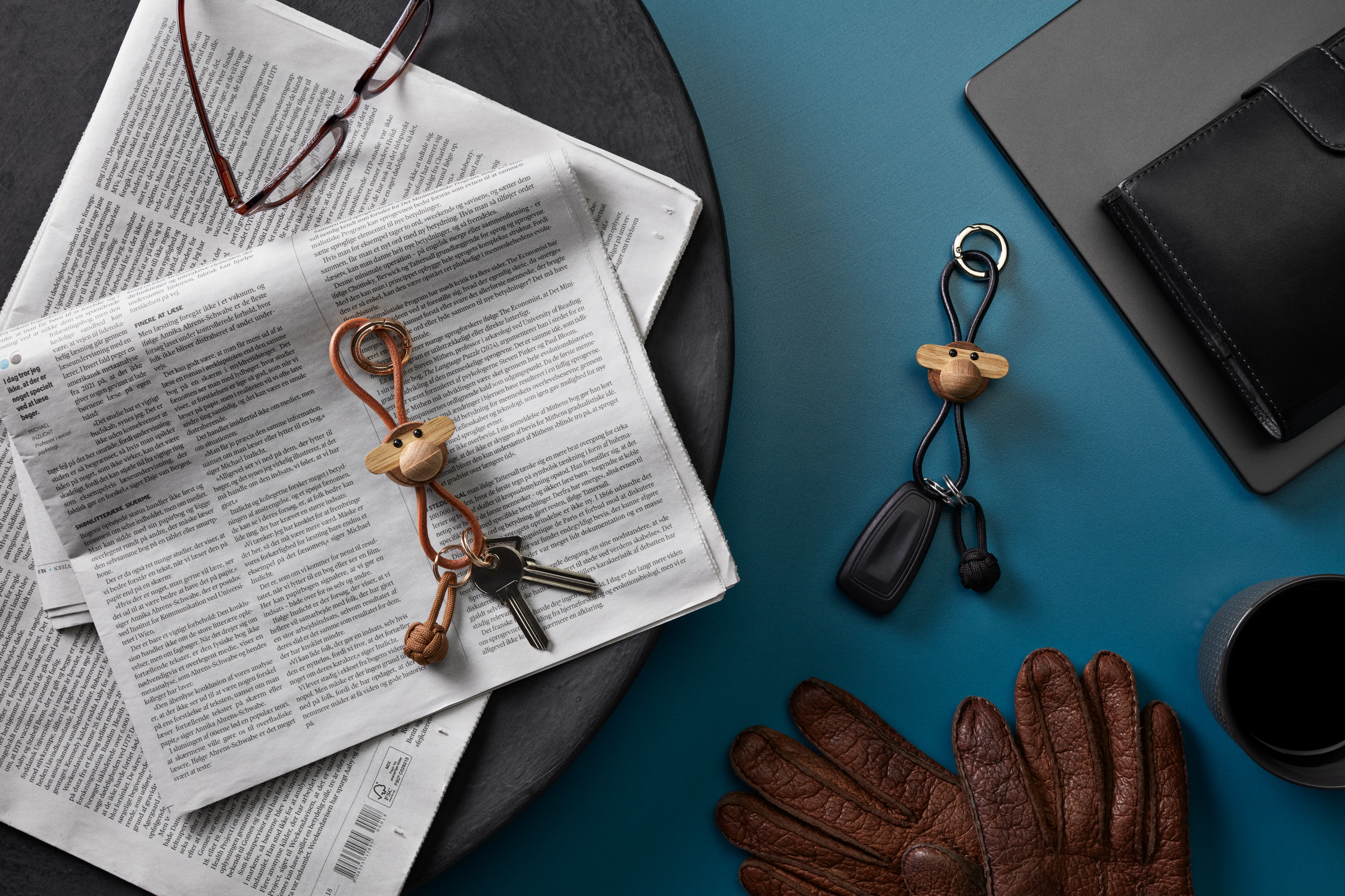 Monkey silver metal Keychain with Black Leather from Kay Bojesen in Teak/Limba color, made of Wood