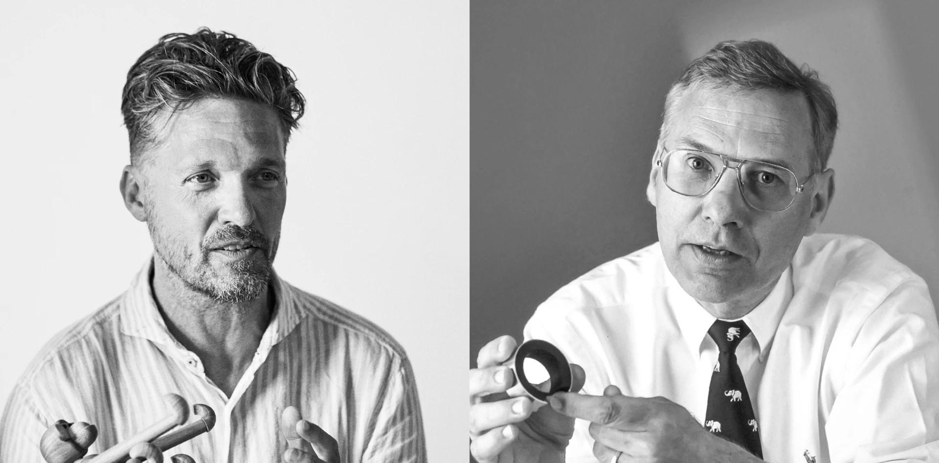 Portrait of two men, father and son, Henrik and Erik Rosendahl, with products in hands