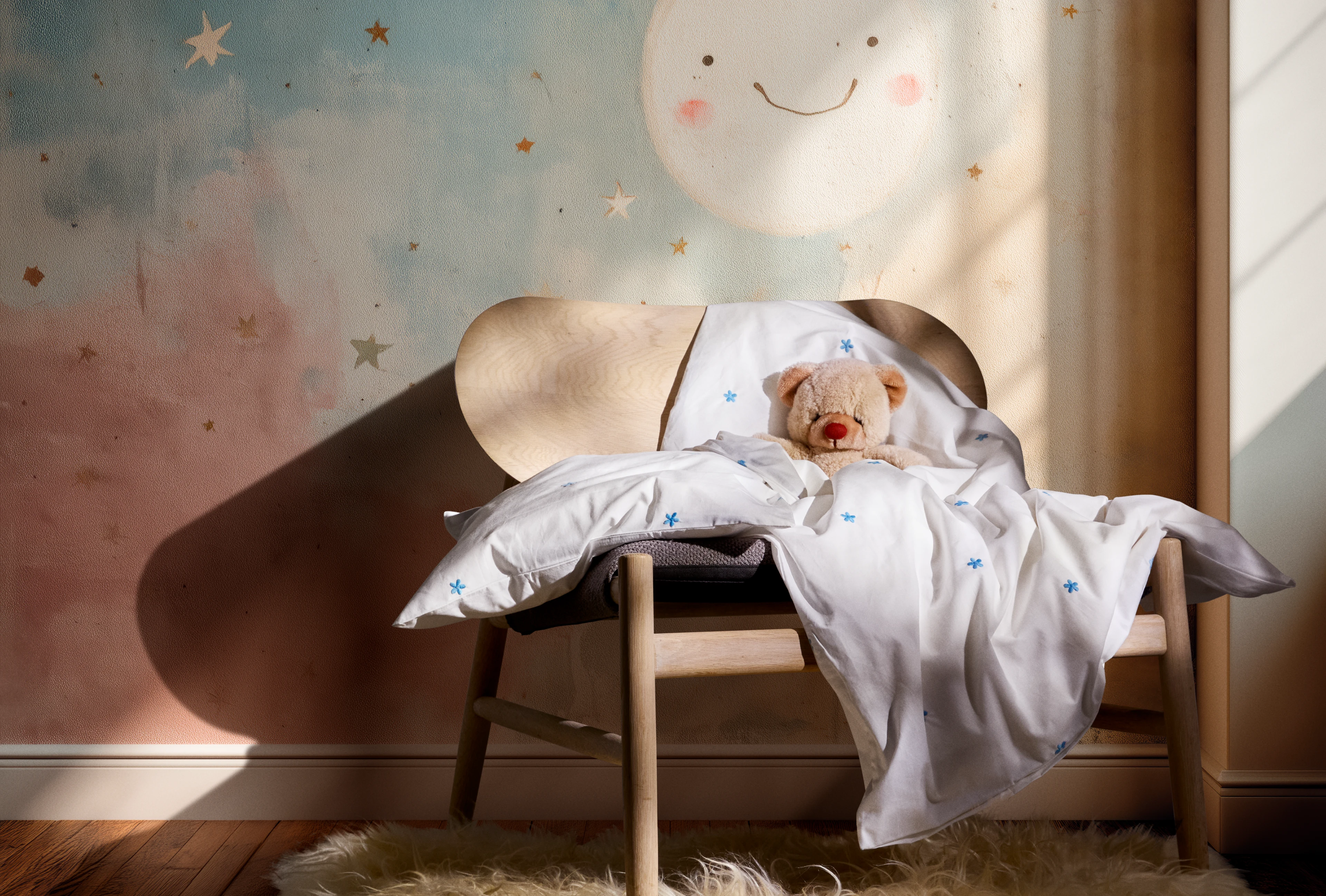 Baby Sengetøy 70x100 cm fra JUNA i fargen Hvit/Lys blå, laget av Bomull