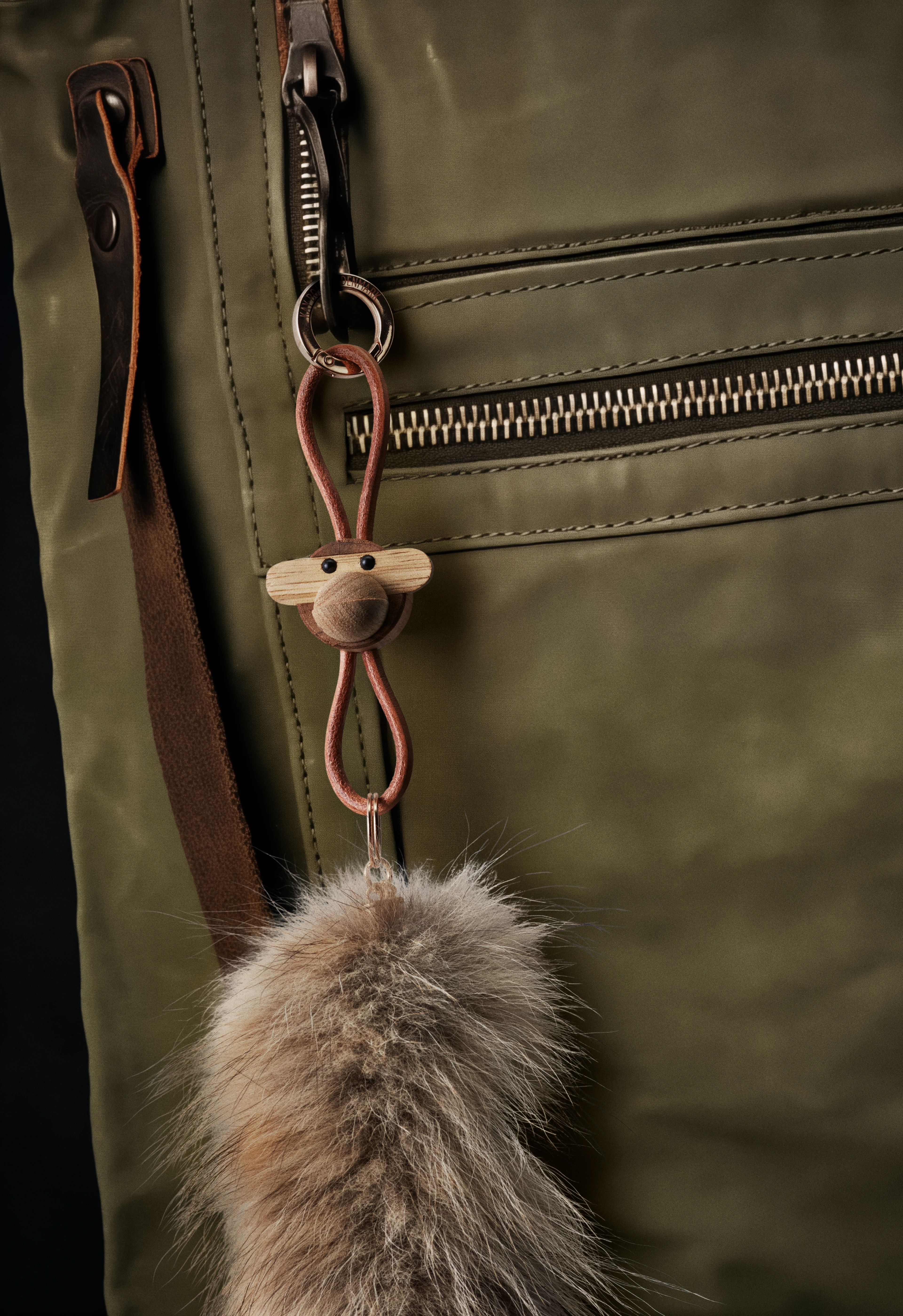 Monkey golden metal Keychain with Natural Leather from Kay Bojesen in Teak/Limba color, made of Wood