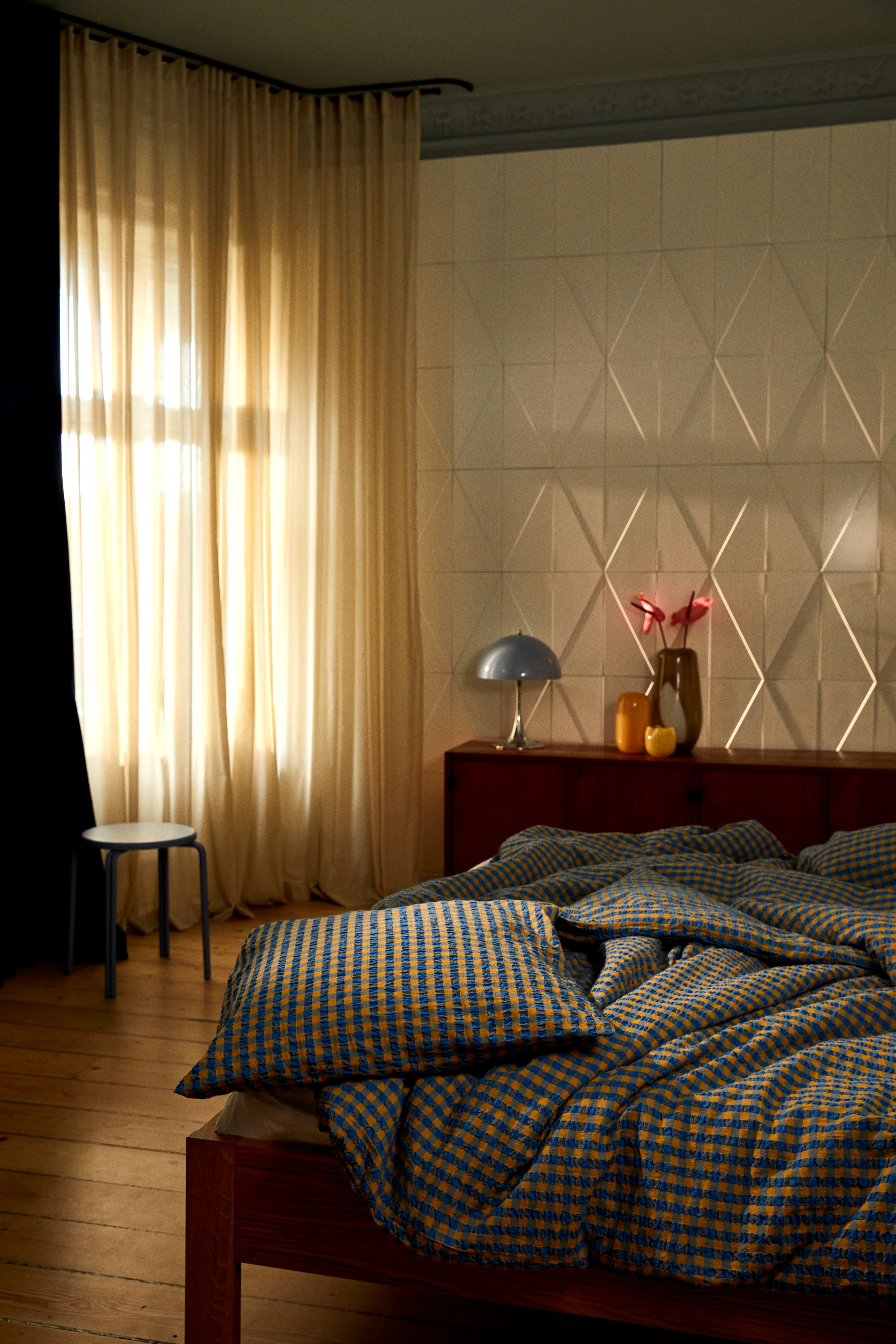 Bed linen 140x200 cm from JUNA in Blue/Ochre color, made of Cotton