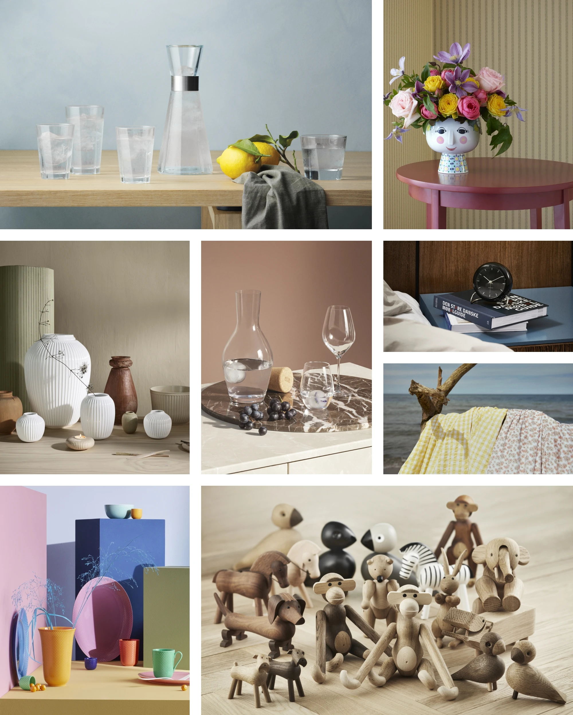 Collage of stylish home design products from Rosendahl, including glassware, vases, figurines, and colorful flowers