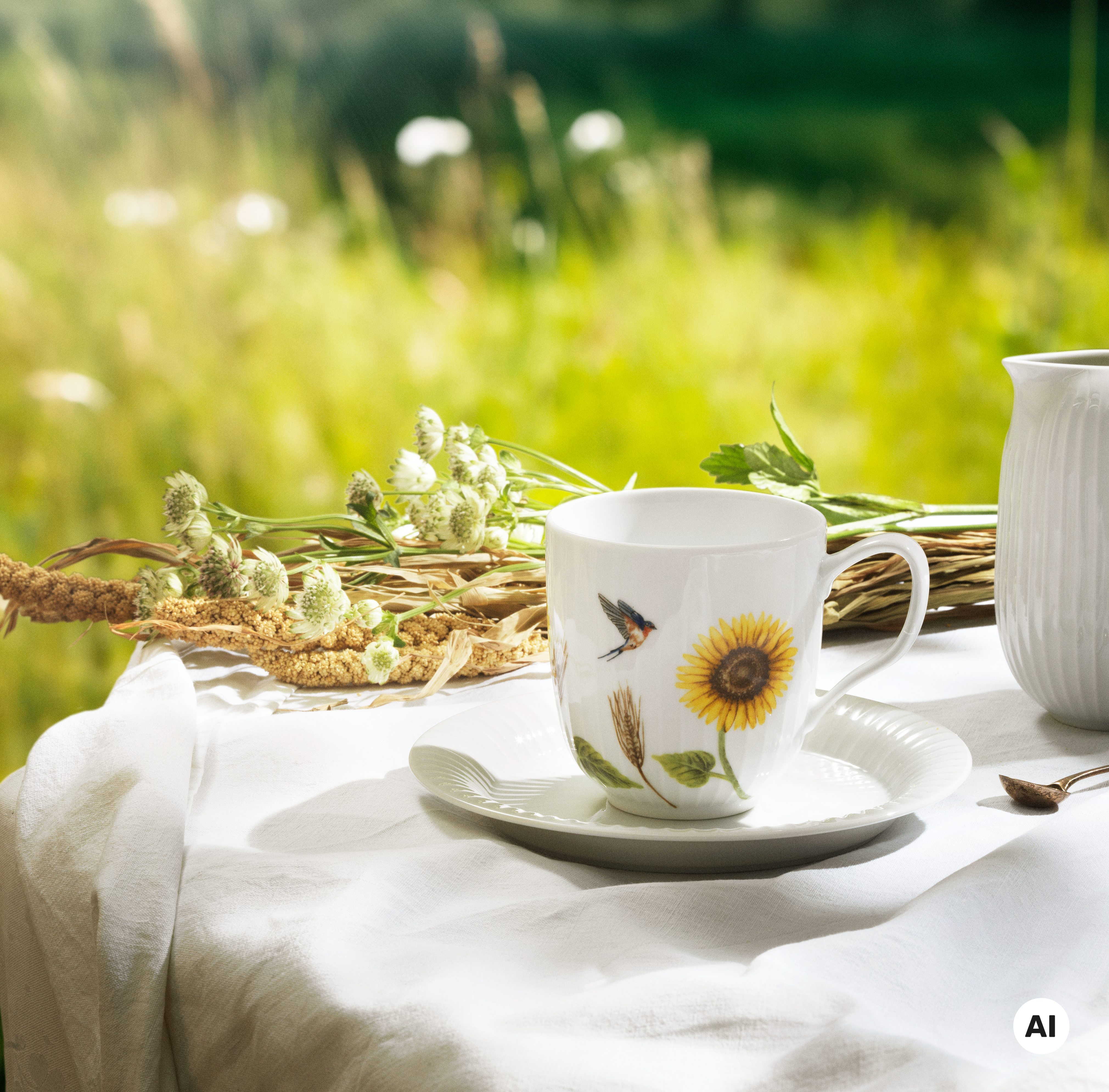 Kähler Design Hammershøi Summer Porzellanbecher 330ml – Mit Vergissmeinnicht & Blaumeise