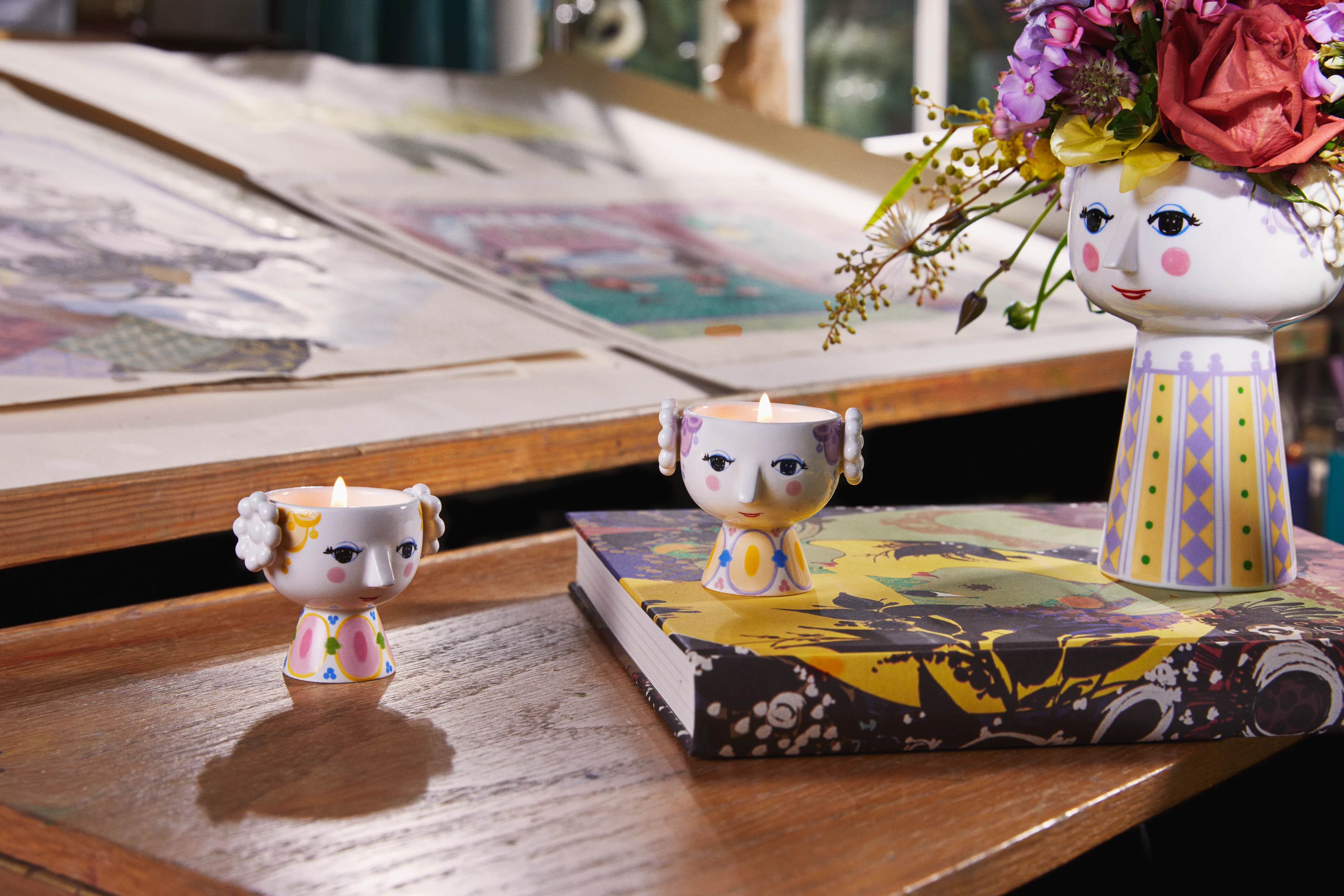 Tealight holder Ø6.5 cm 2 pcs. from Bjørn Wiinblad in Yellow/Lavender color, made of Ceramics