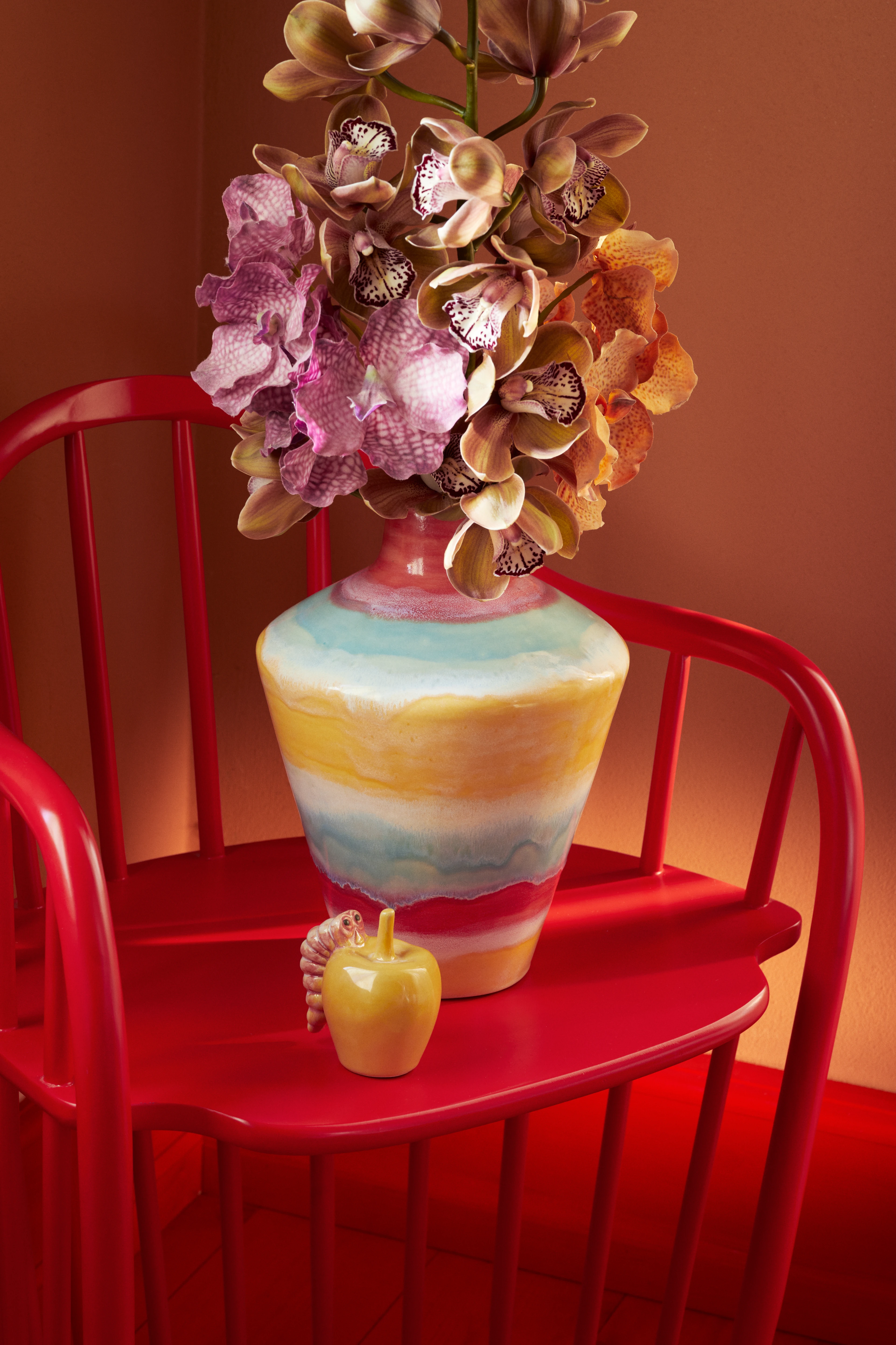 with apple Vase H39 cm from Kähler  in Pink/Mint/Yellow color, made of Ceramics