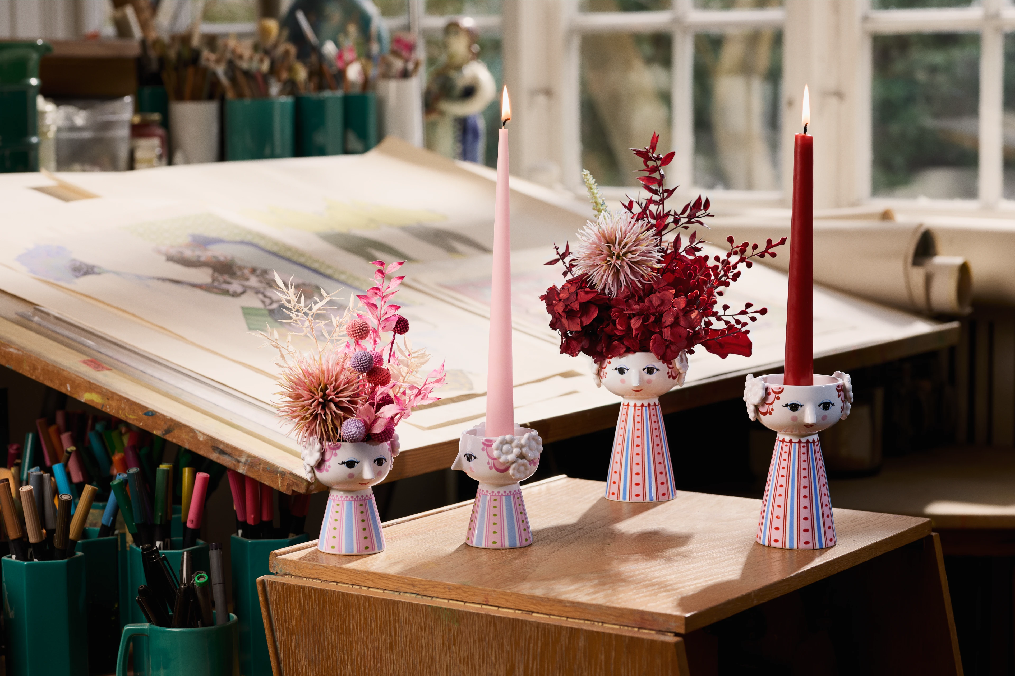 Kerzenständer H9.5 cm von Bjørn Wiinblad in der Farbe Pink, hergestellt aus Keramik